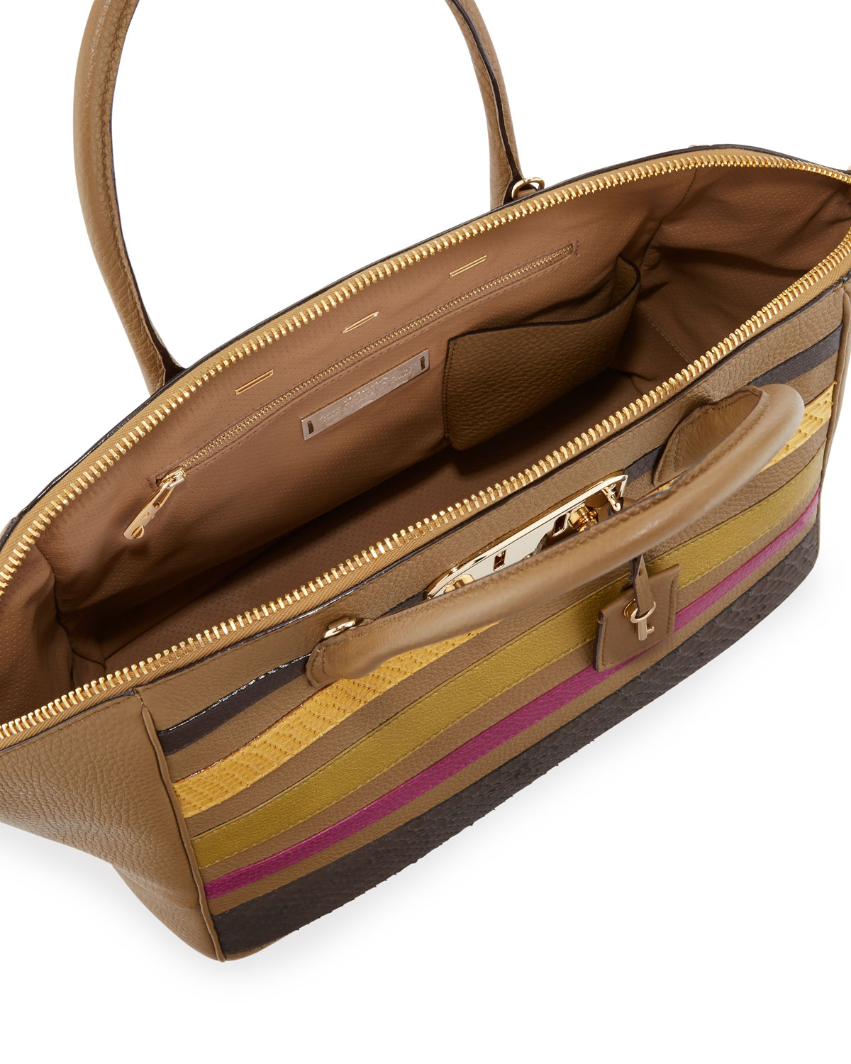 Brera 34 Vitello & Python Striped Satchel Bag, Nut/Brown/Yellow/Green/Pink