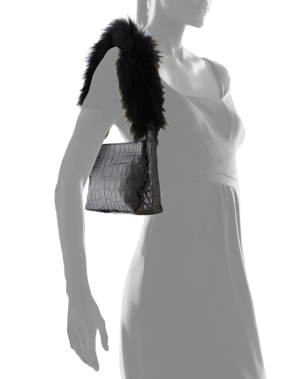 Finley Crocodile-Embossed Fur Shoulder Bag, Black