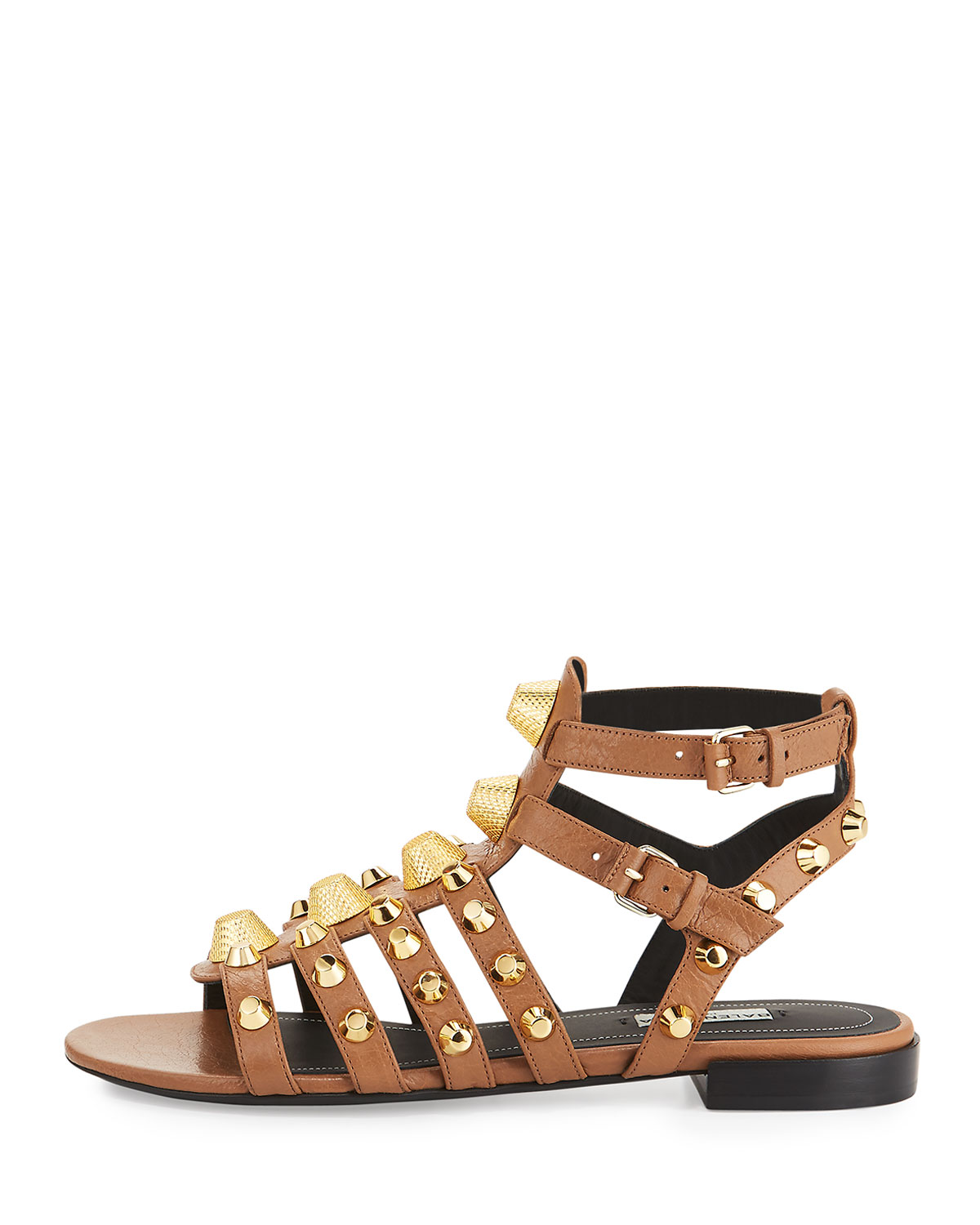 Studded Caged Flat Sandal, Marron Glace