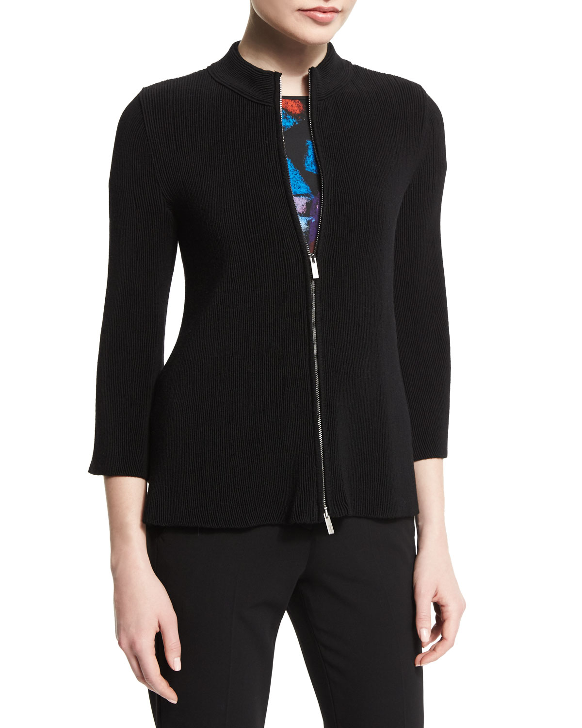 Zip-Front Plisse Trapeze Jacket, Black