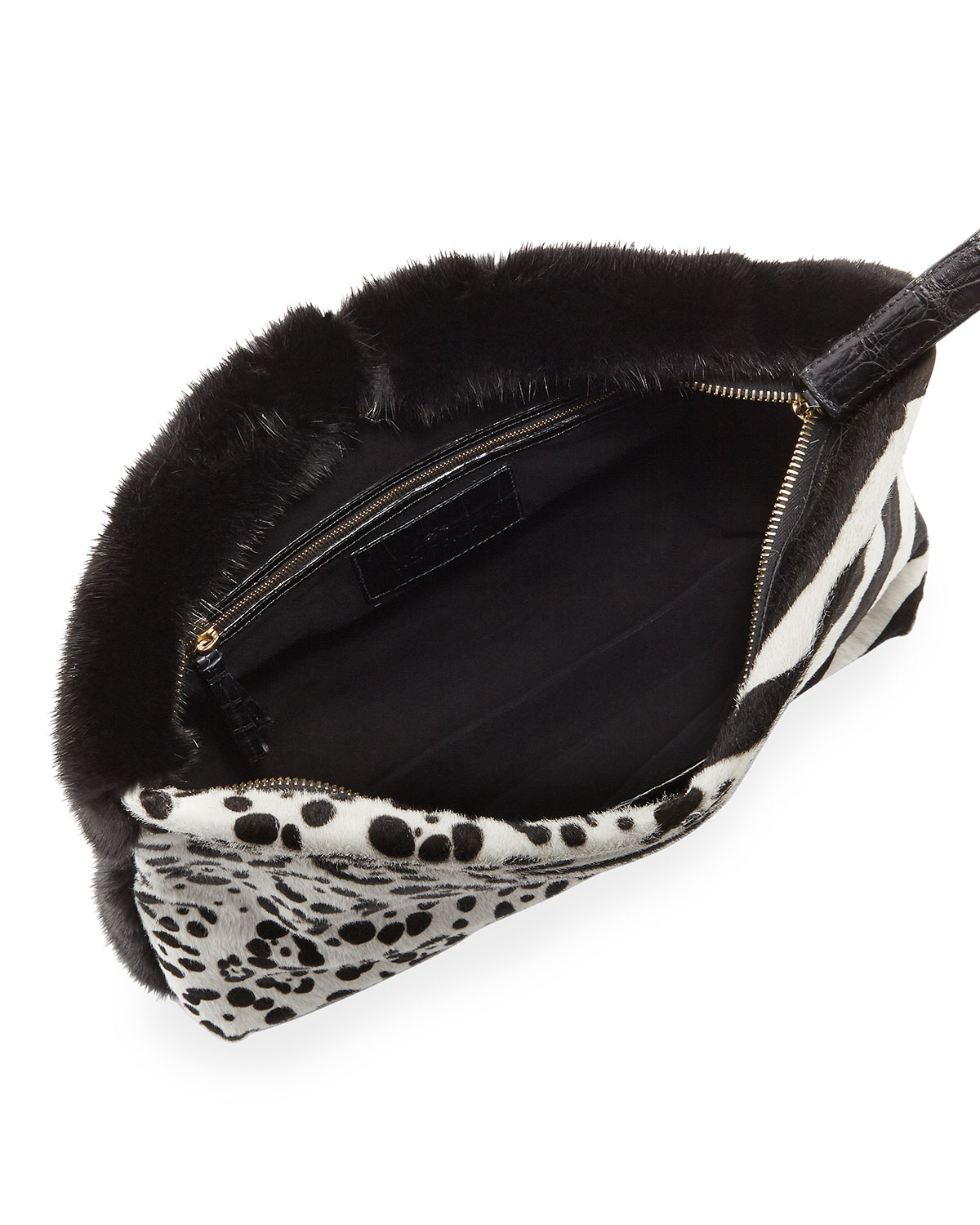 Calf-Hair Medium Fold-Over Clutch Bag, Black/White