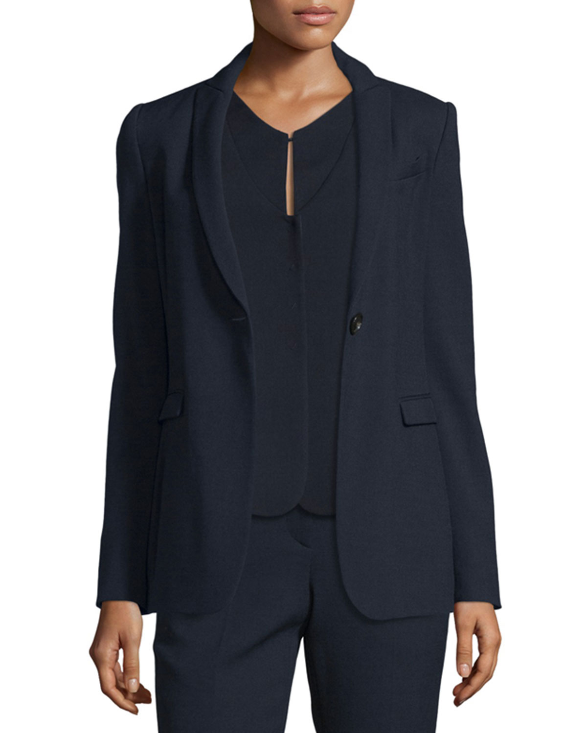 Textured One-Button Jacket, Navy Blue