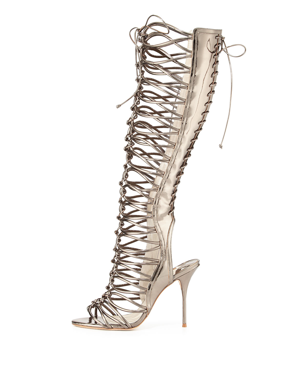 Clementine Strappy To-the-Knee Gladiator Sandal Boot, Gunmetal