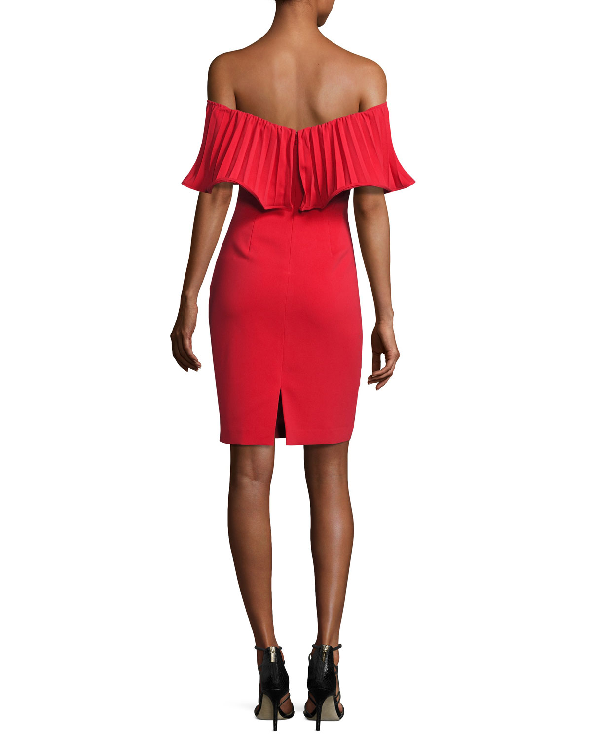 Off-the-Shoulder Pleated Stretch Crepe Cocktail Dress, Red