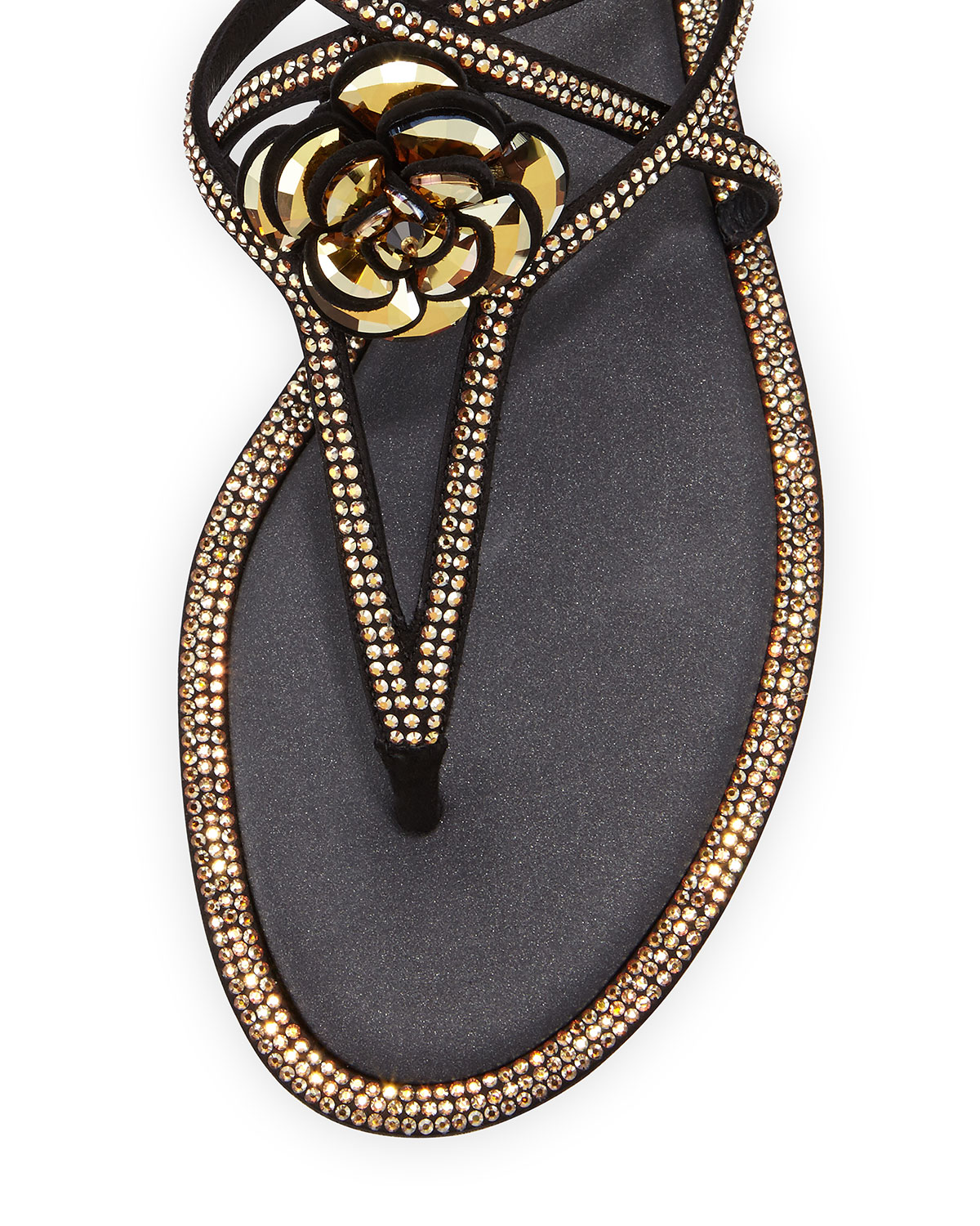 Floral Crystal-Trim Flat Thong Sandal, Black