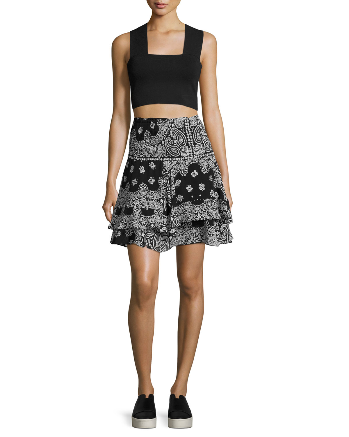 Vera Silk High-Waist Bandana Skirt, Black/White