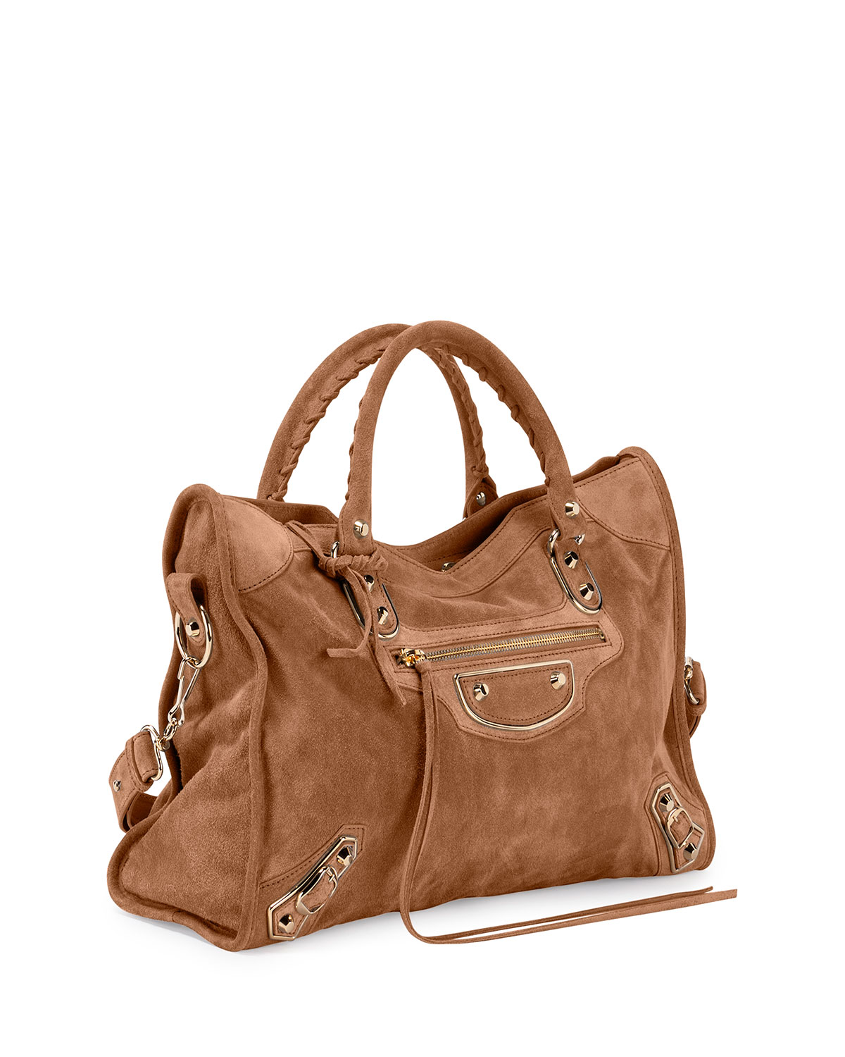 Metallic Edge Suede City Bag, Tan