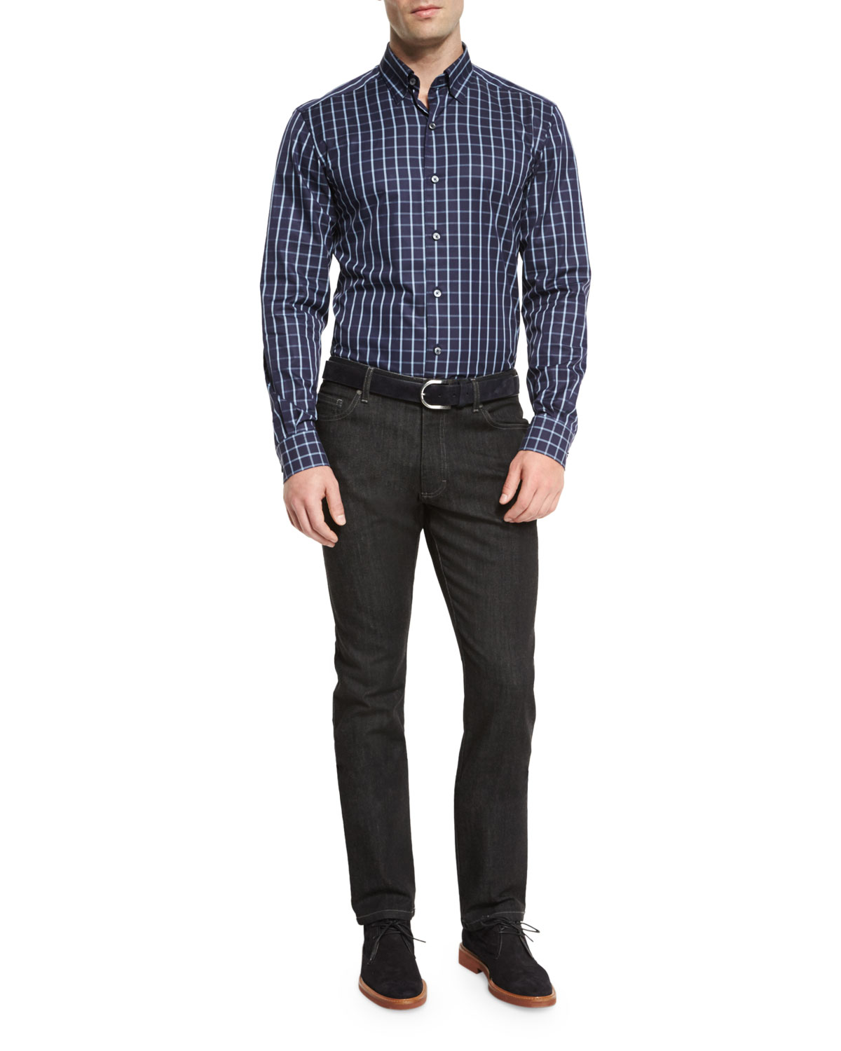 Windowpane Long-Sleeve Sport Shirt, Navy