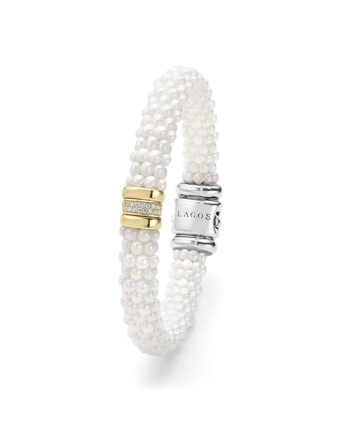 Caviar Ceramic Pearl & Diamond Bar Station Bracelet, Size Medium