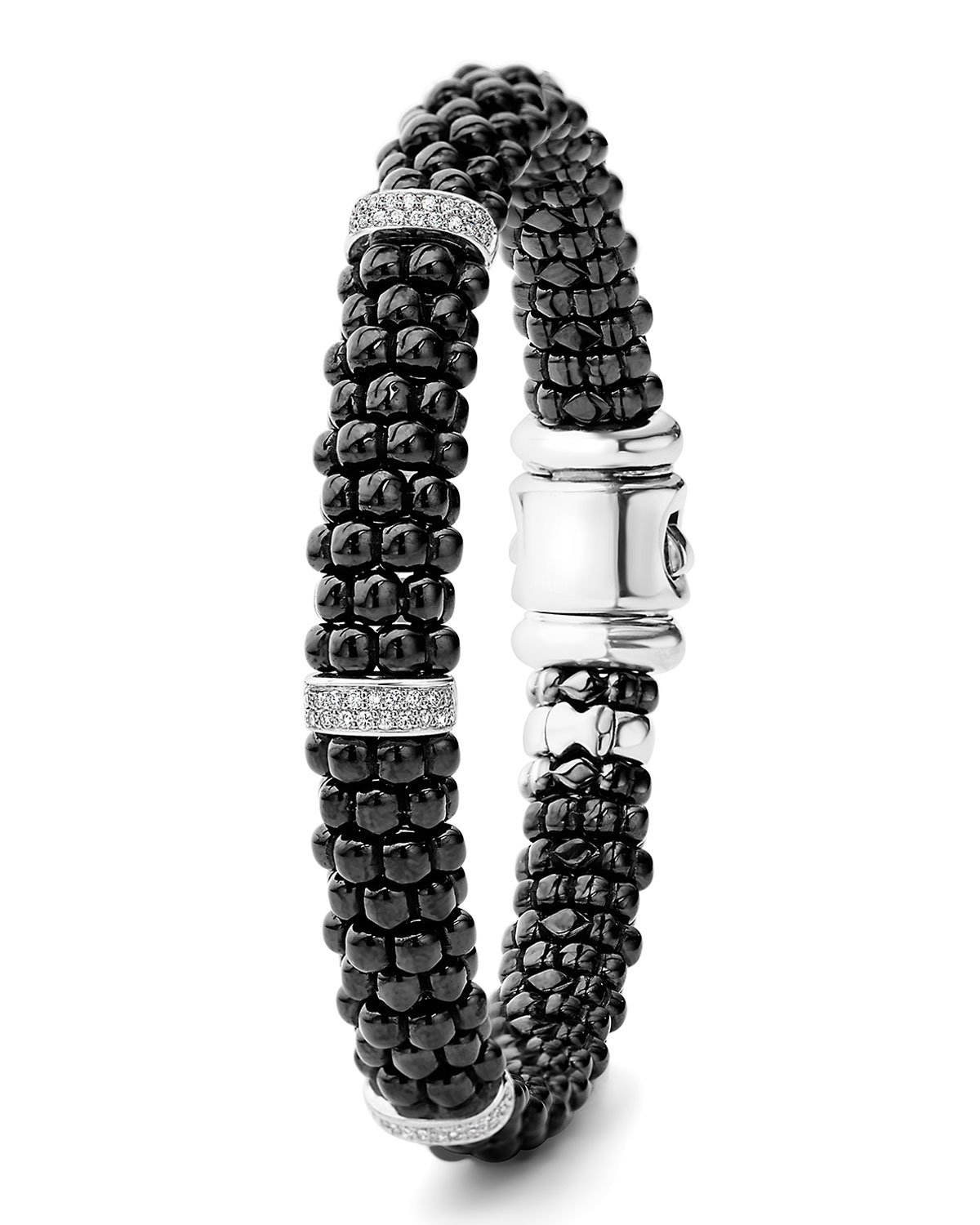 9mm Black Caviar Bracelet with Diamond Stations, Size Medium