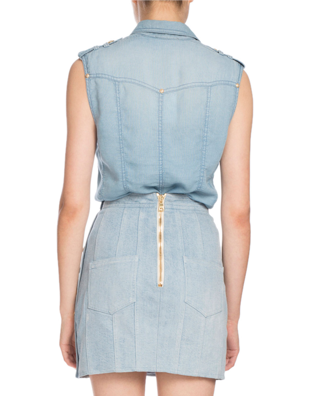 Sleeveless Button-Front Denim Blouse, Light Blue