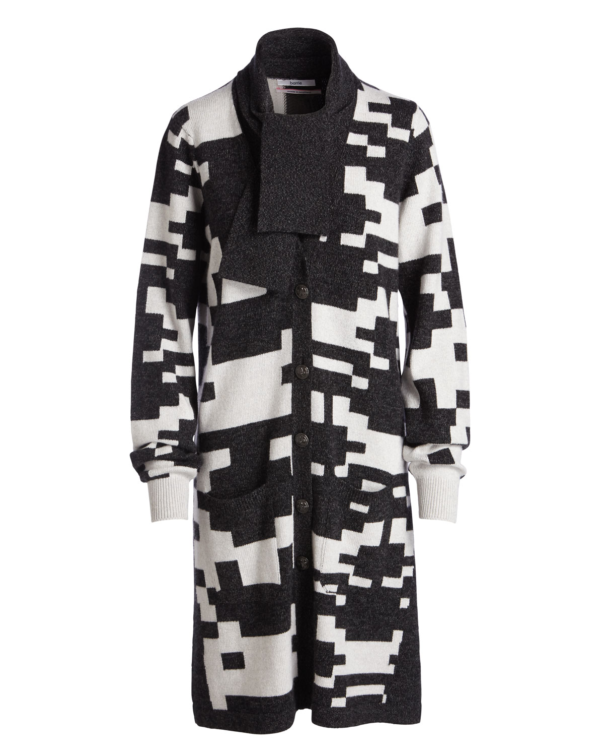 Cashmere Pixel-Print Long Cardigan, Charcoal/White