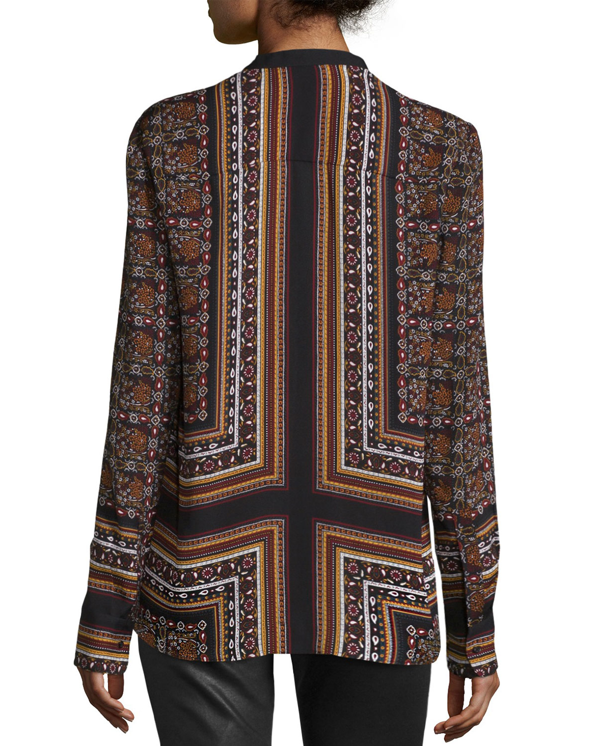 Franco Long-Sleeve Silk Multipattern Top, Brown/Multicolor