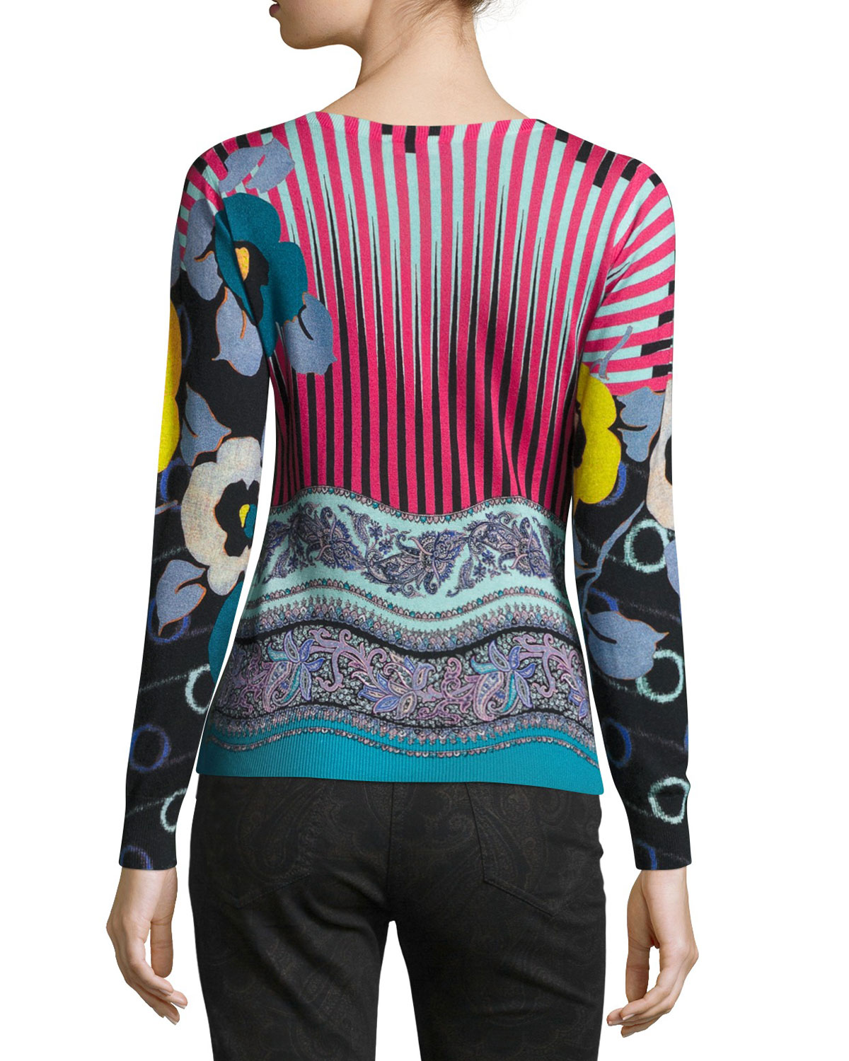 Mixed-Print V-Neck Sweater, Pink/Turquoise
