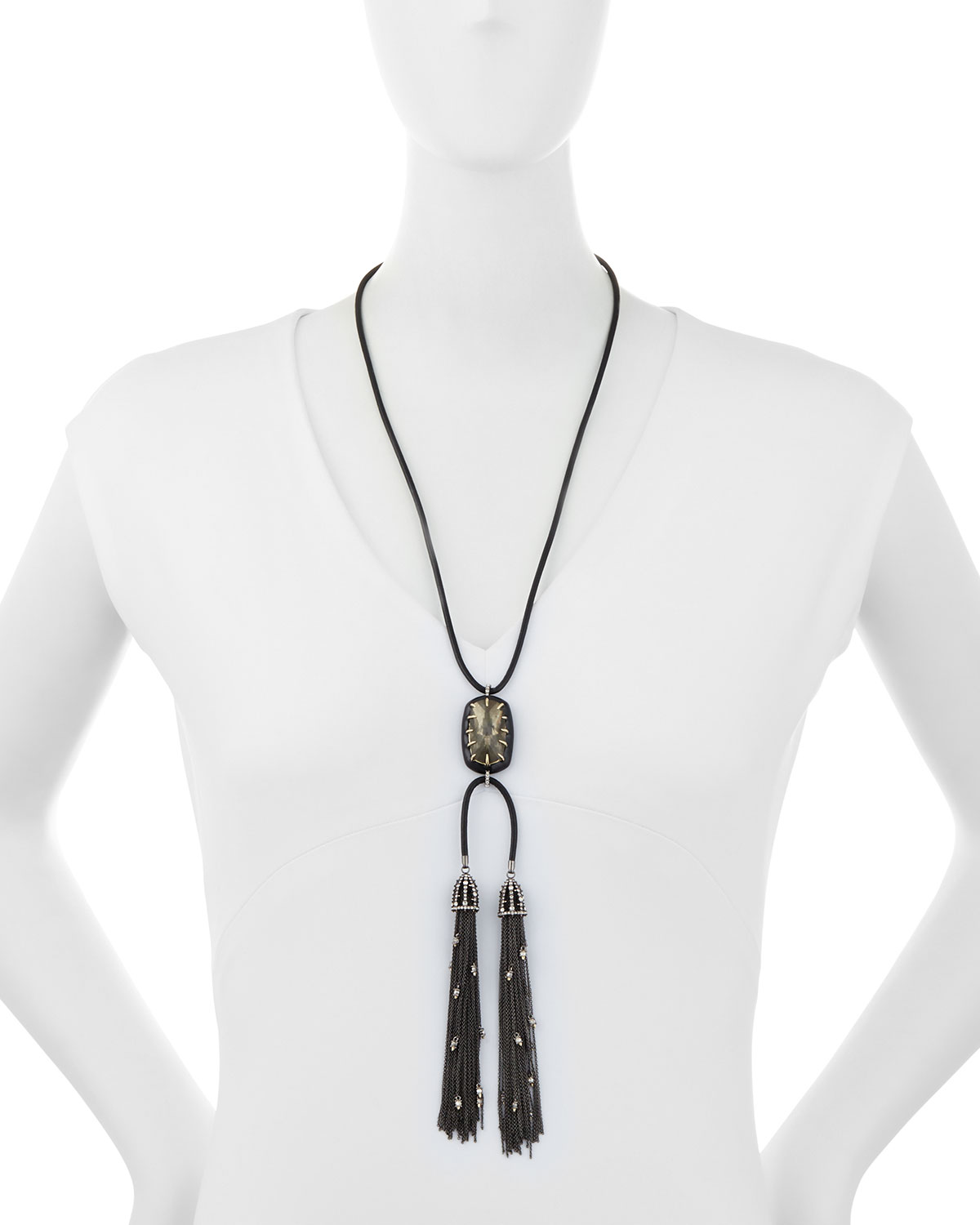 Leather Chain Tassel Necklace, Black/Silver