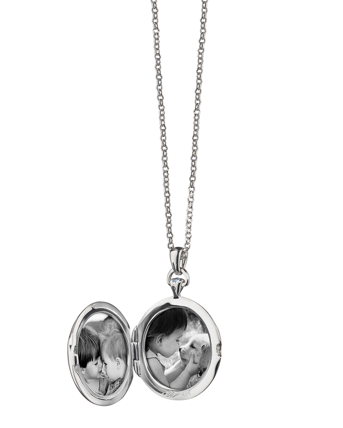 Round Silver Burst Locket with Sapphires & Crystal, 30"