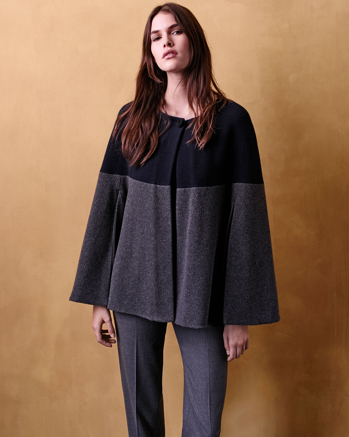 One-Button Colorblock Cape, Blue/Gray