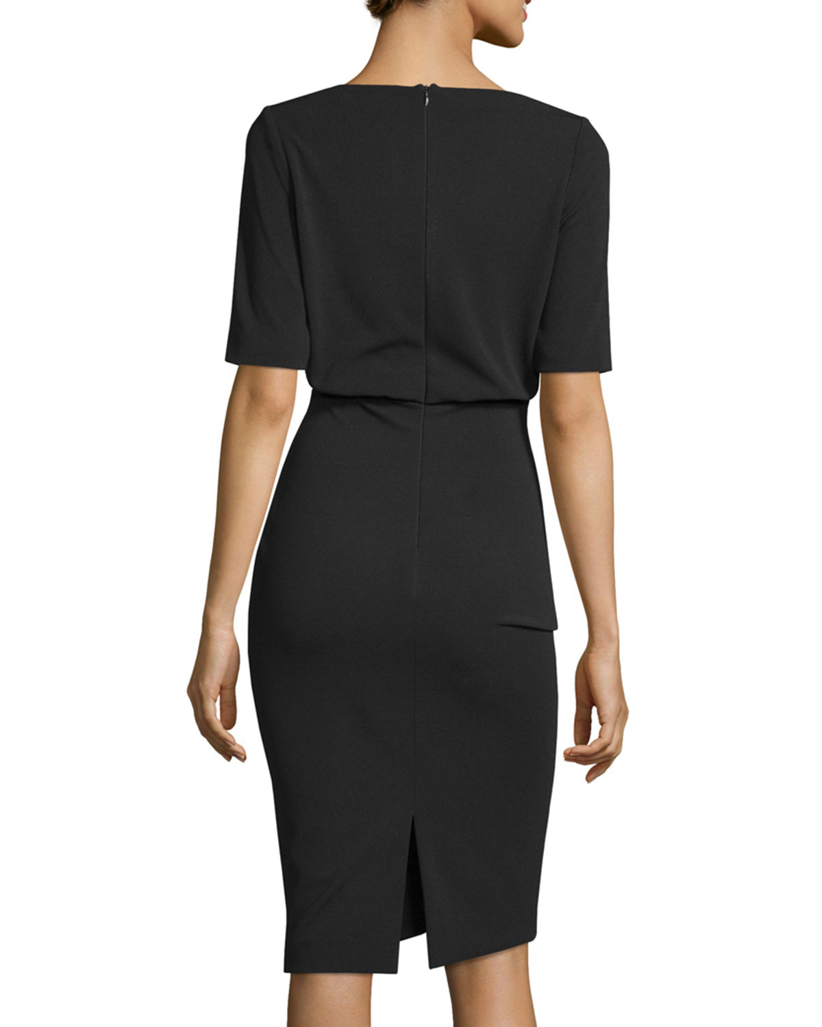 Short-Sleeve Blouson Cocktail Dress, Black