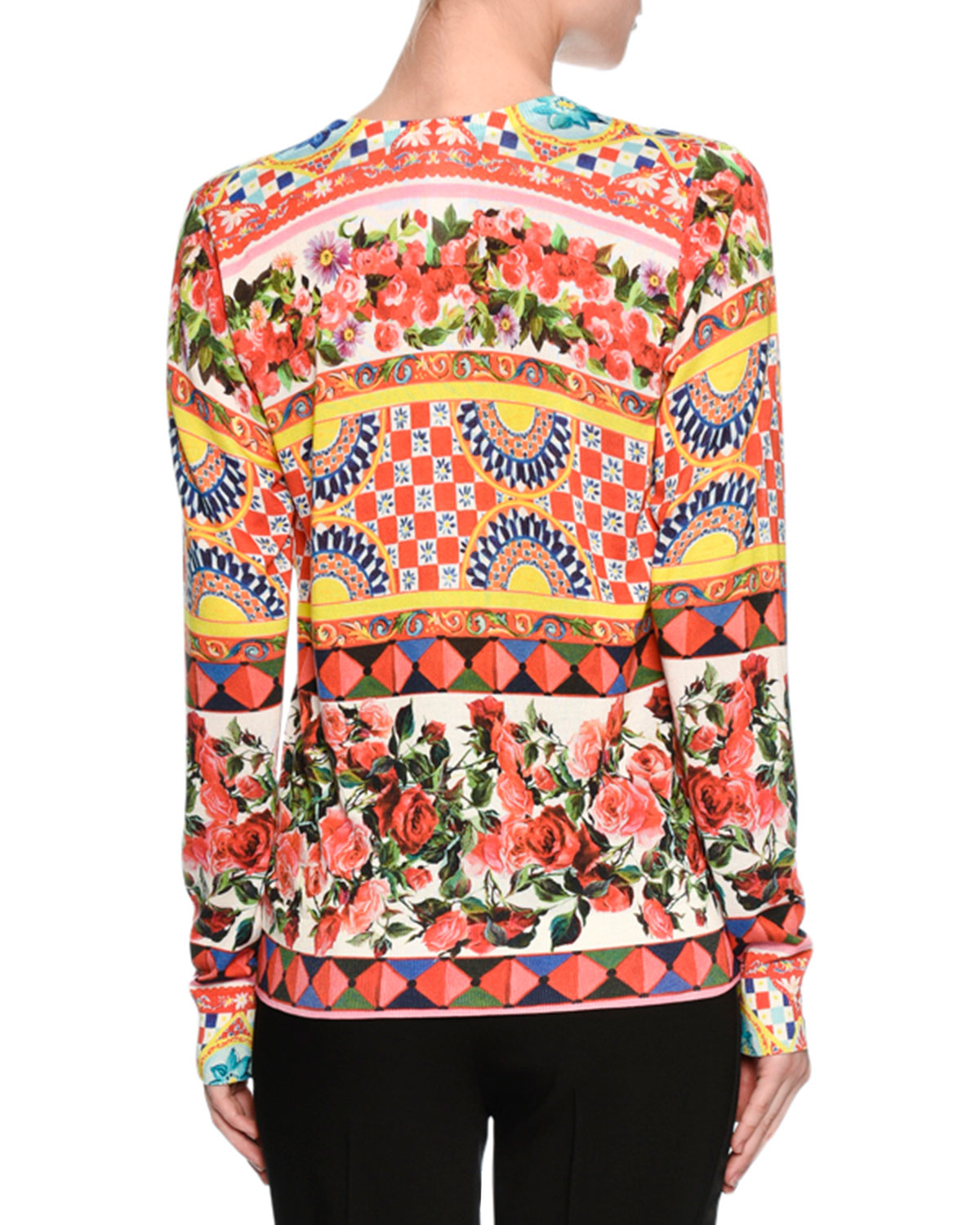 Mambo-Print V-Neck Pullover Sweater, Red/Yellow/Blue