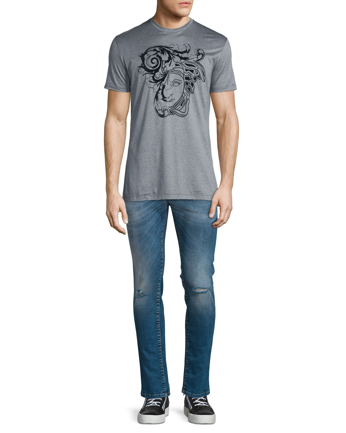 Flocked Medusa Head Graphic Short-Sleeve T-Shirt, Gray
