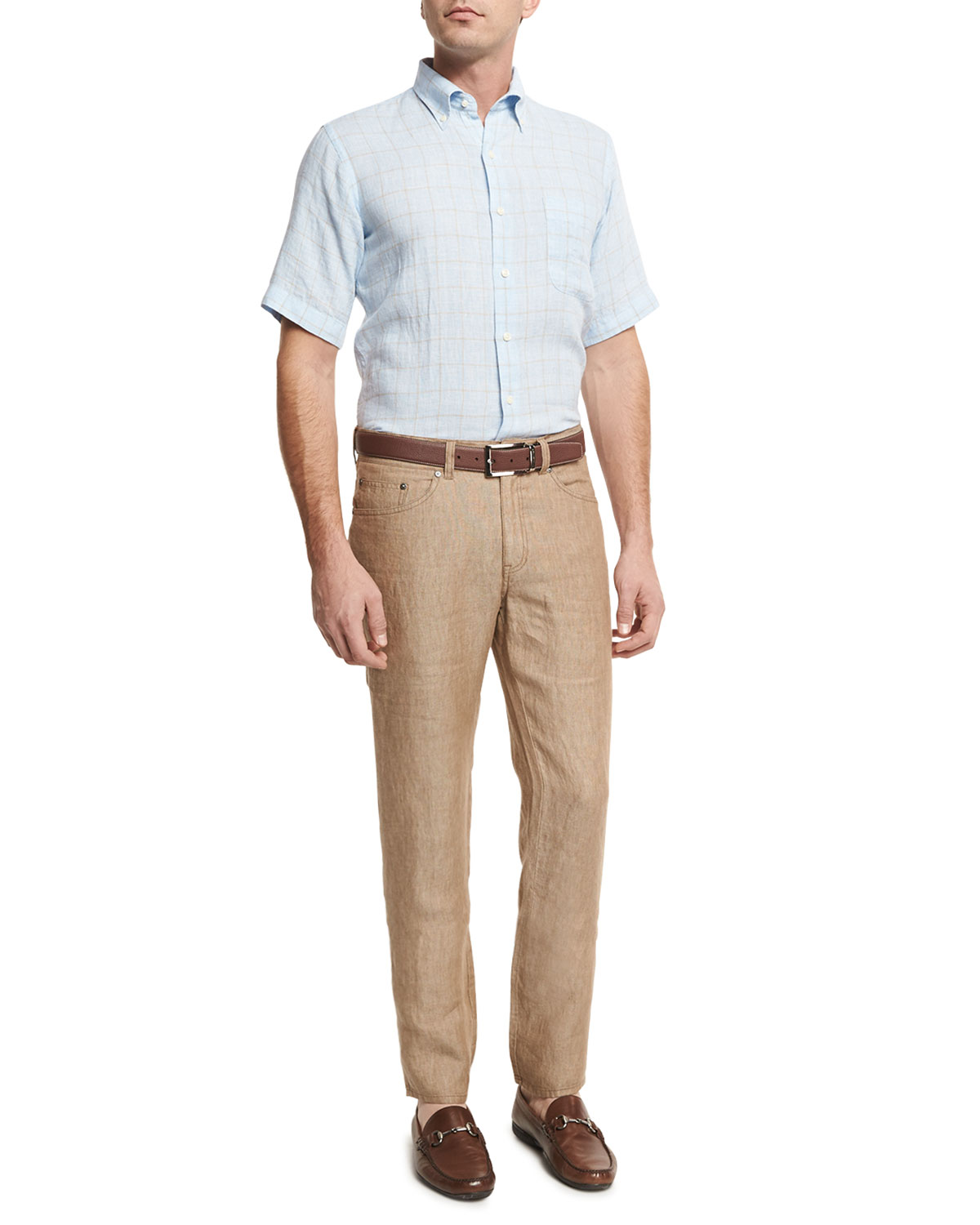 Crown Cool Glen Plaid Short-Sleeve Sport Shirt, Light Blue