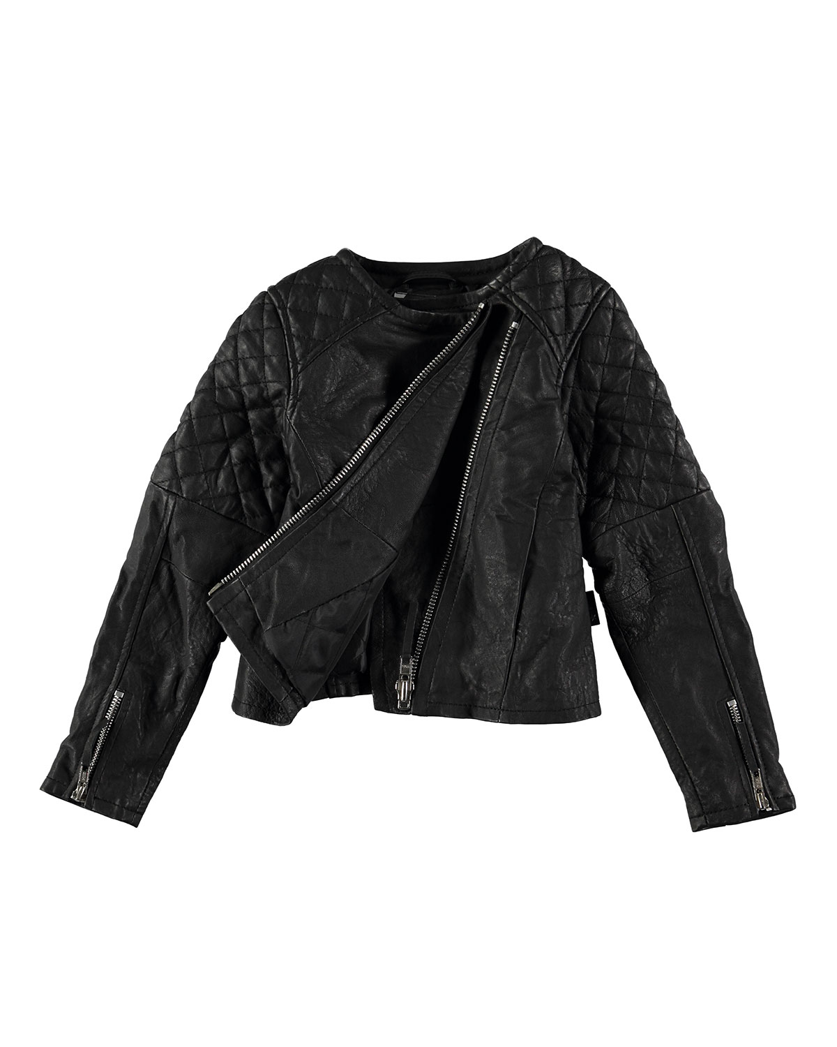 Hubertha Zip-Front Leather Moto Jacket, Black, Size 6-14