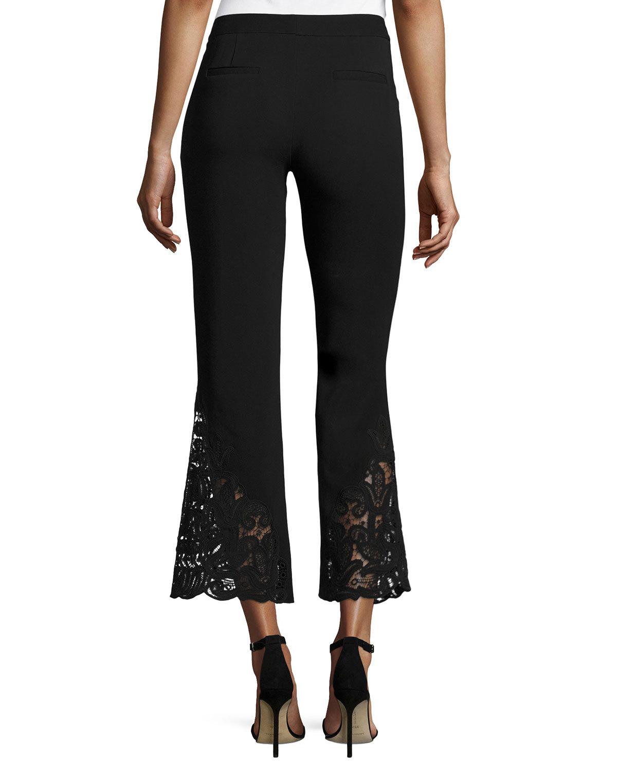Kerri Cropped Lace-Hem Flared-Leg Pants, Black