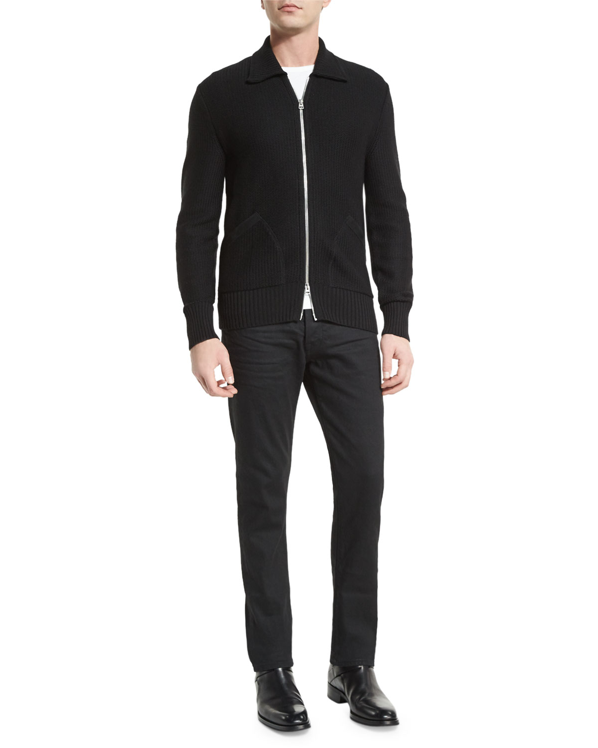 Tuck-Stitch Zip-Up Wool Jacket, Black