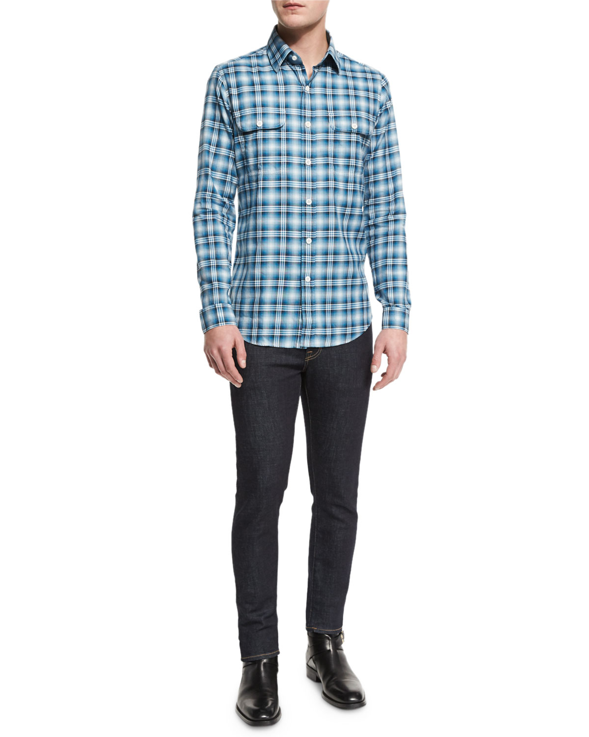 Washed Large-Plaid Twill Sport Shirt, Aqua