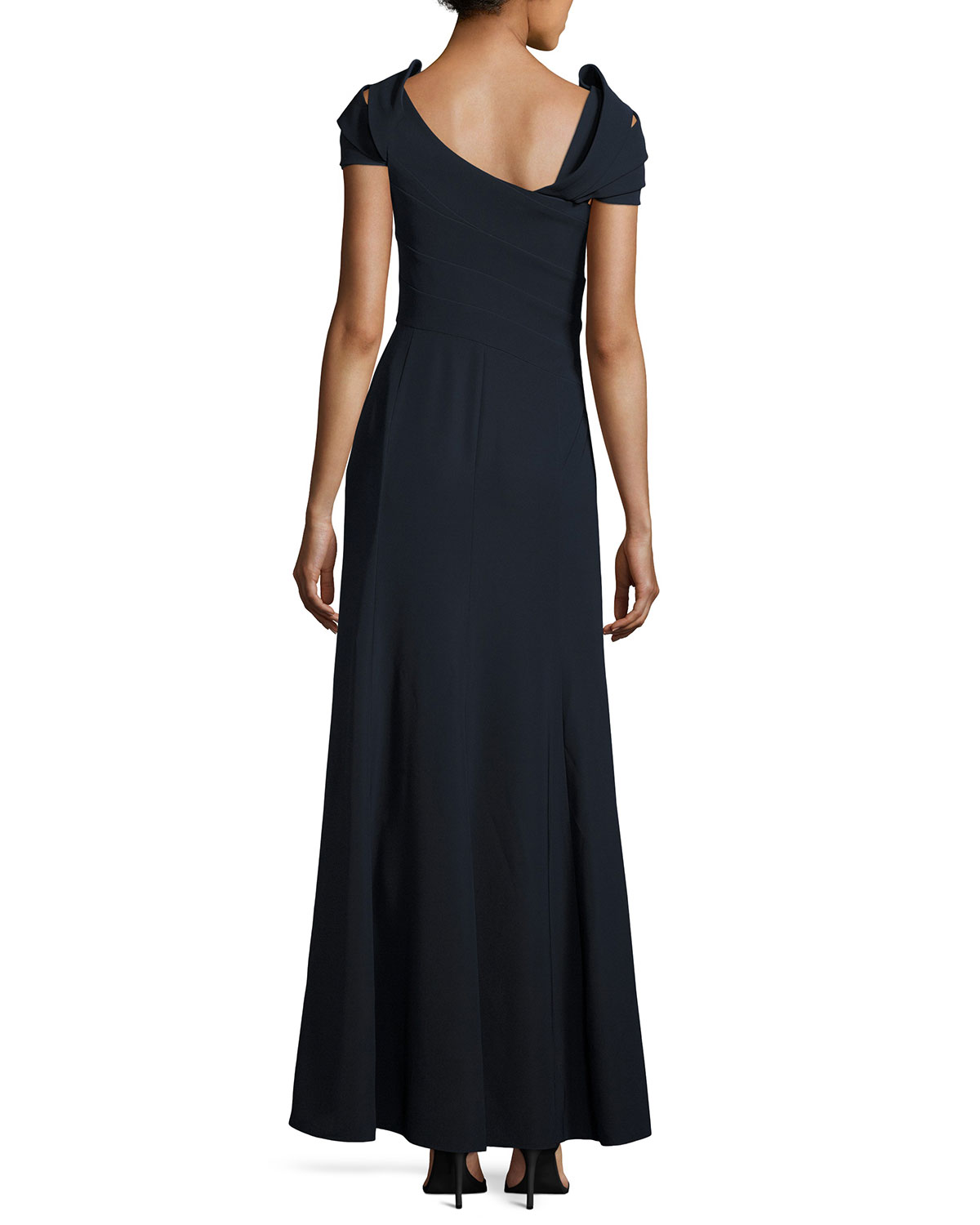 Asymmetric Cap-Sleeve A-Line Gown, Midnight