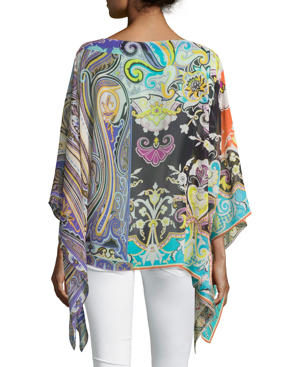 Floral Silk Chiffon Poncho, Aqua