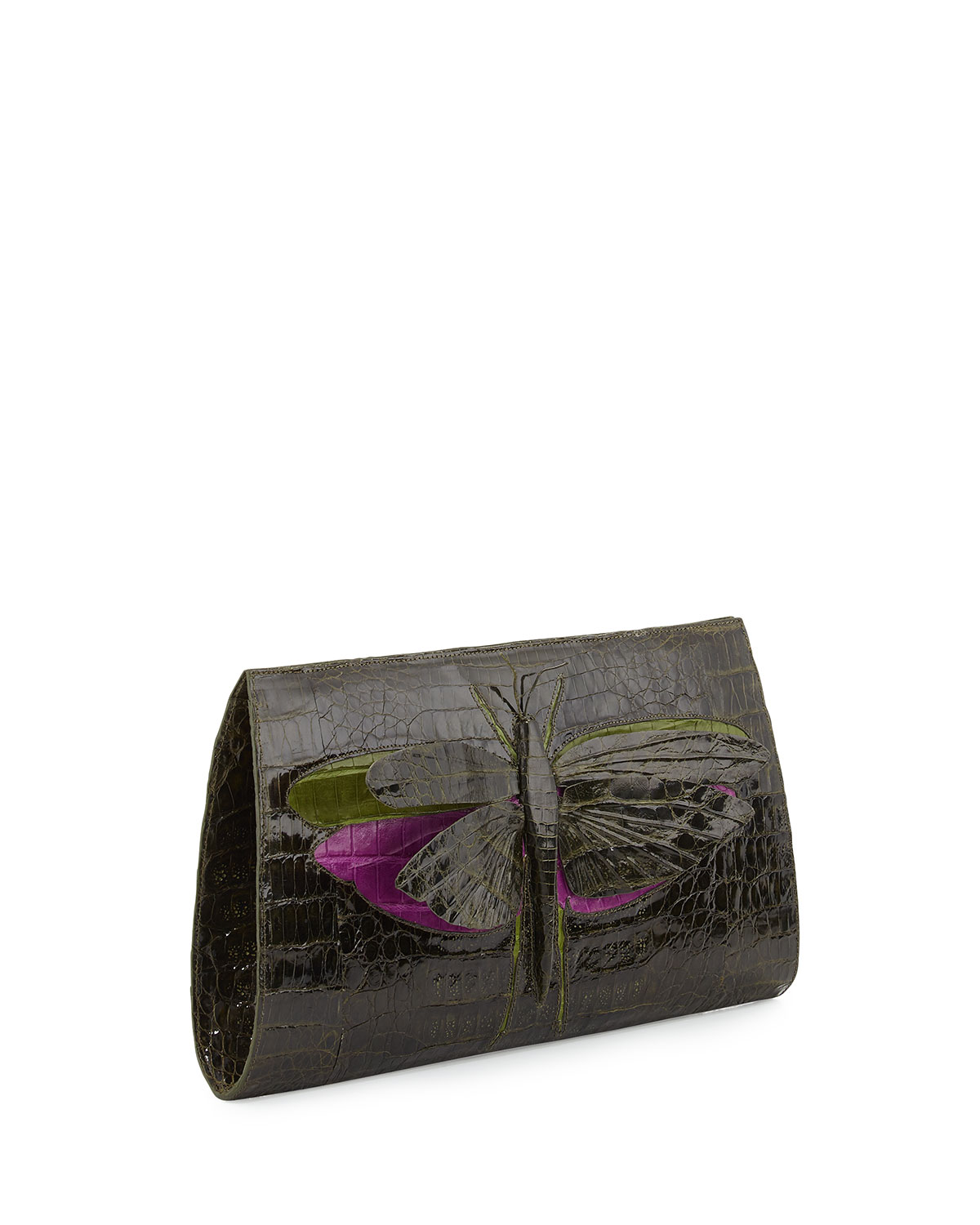 Crocodile 3D Dragonfly Slicer Clutch Bag, Olive/Multi