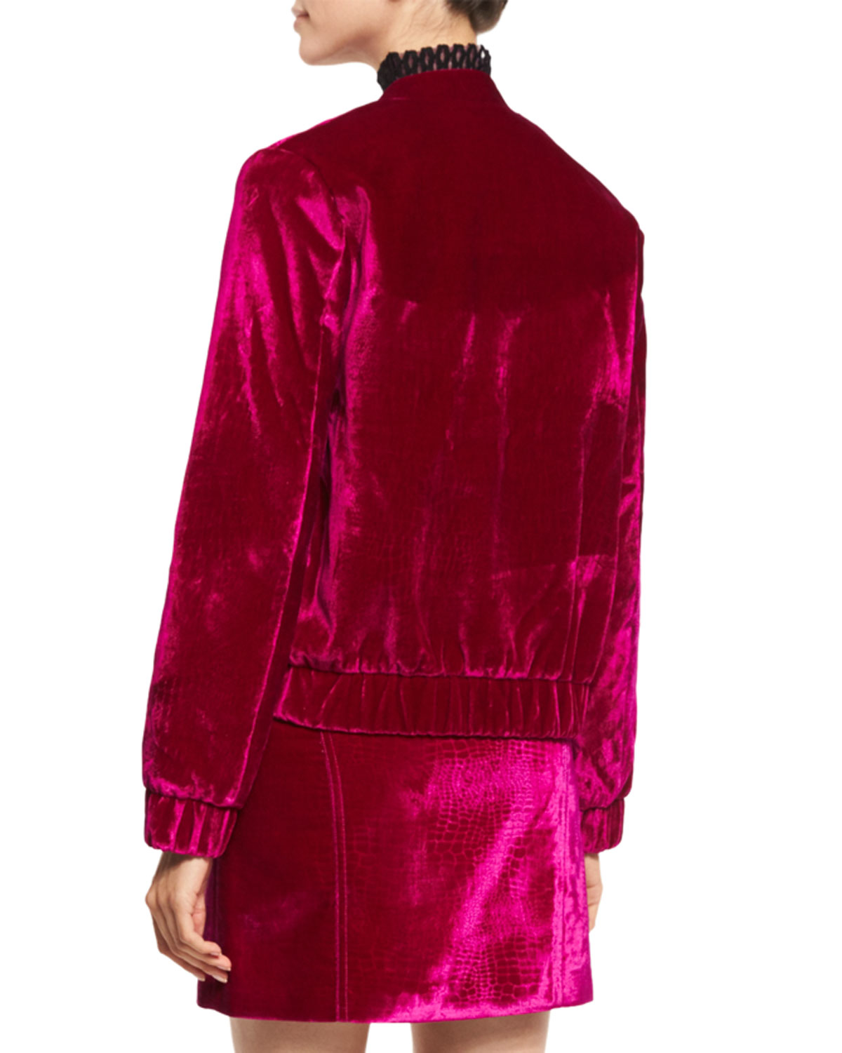 Croc-Embossed Velvet Bomber Jacket, Plum