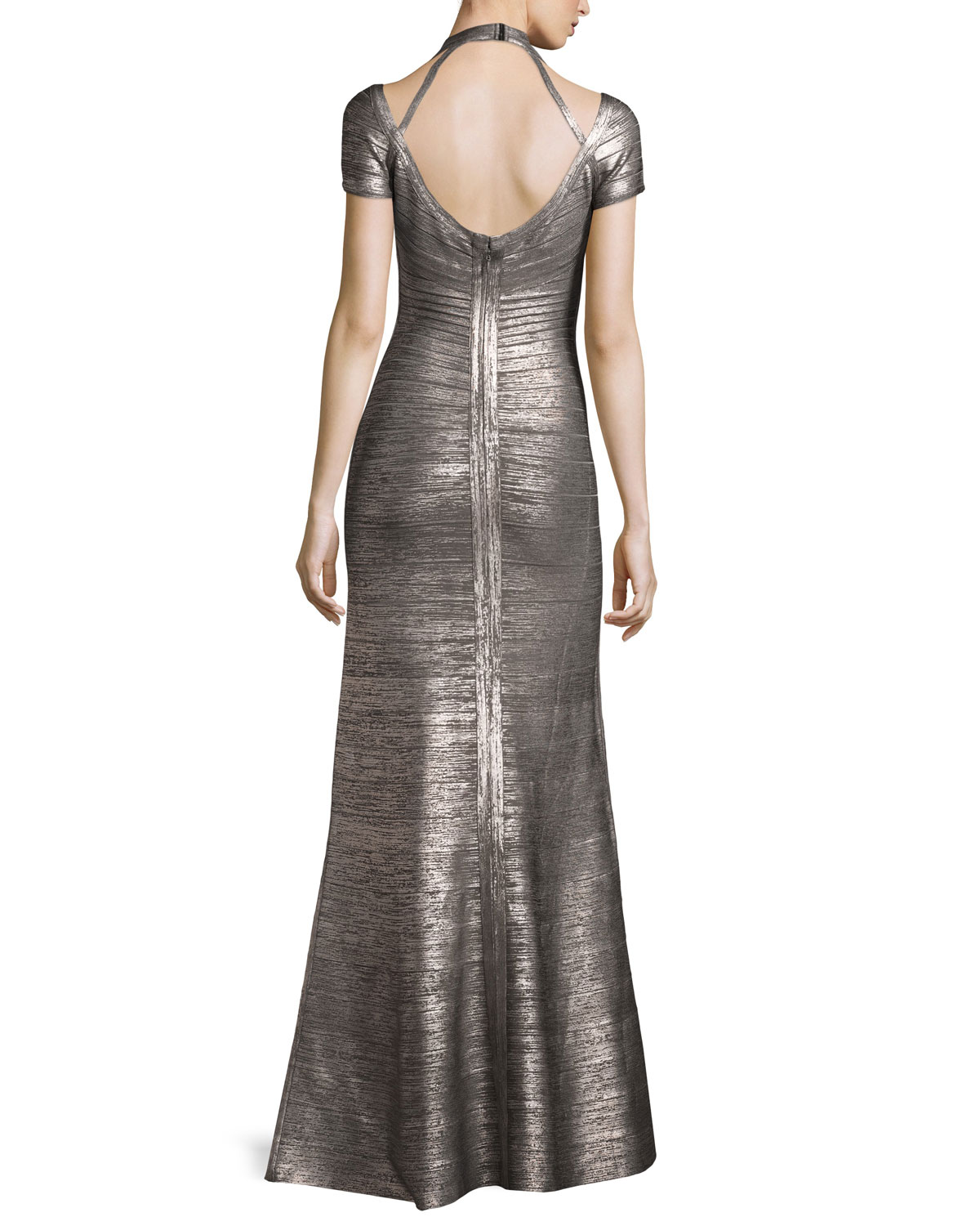 Colette Woodgrain Foil Bandage Gown, Gunmetal Combo