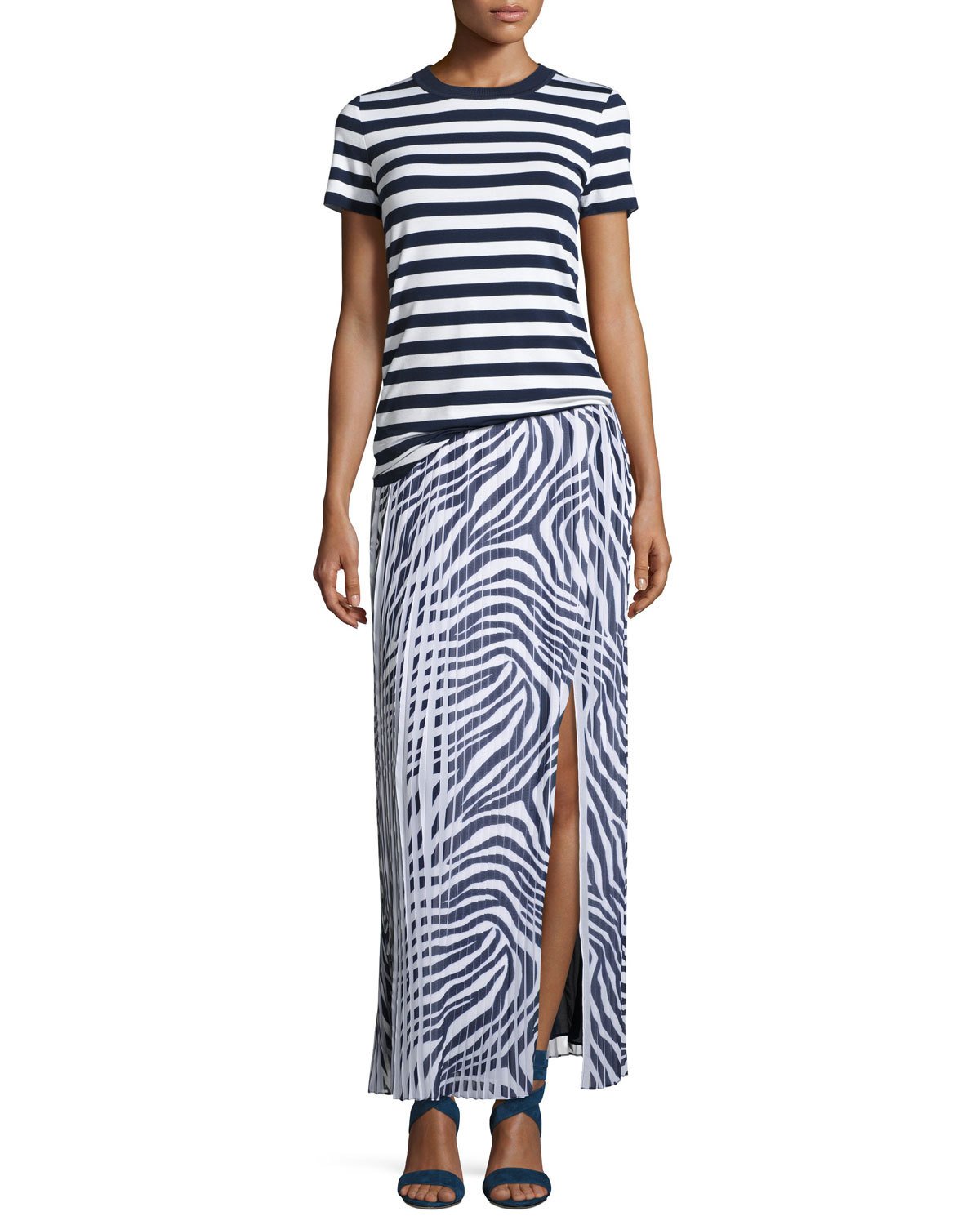 Animal-Print Pleated Maxi Skirt w/ Slit, Navy