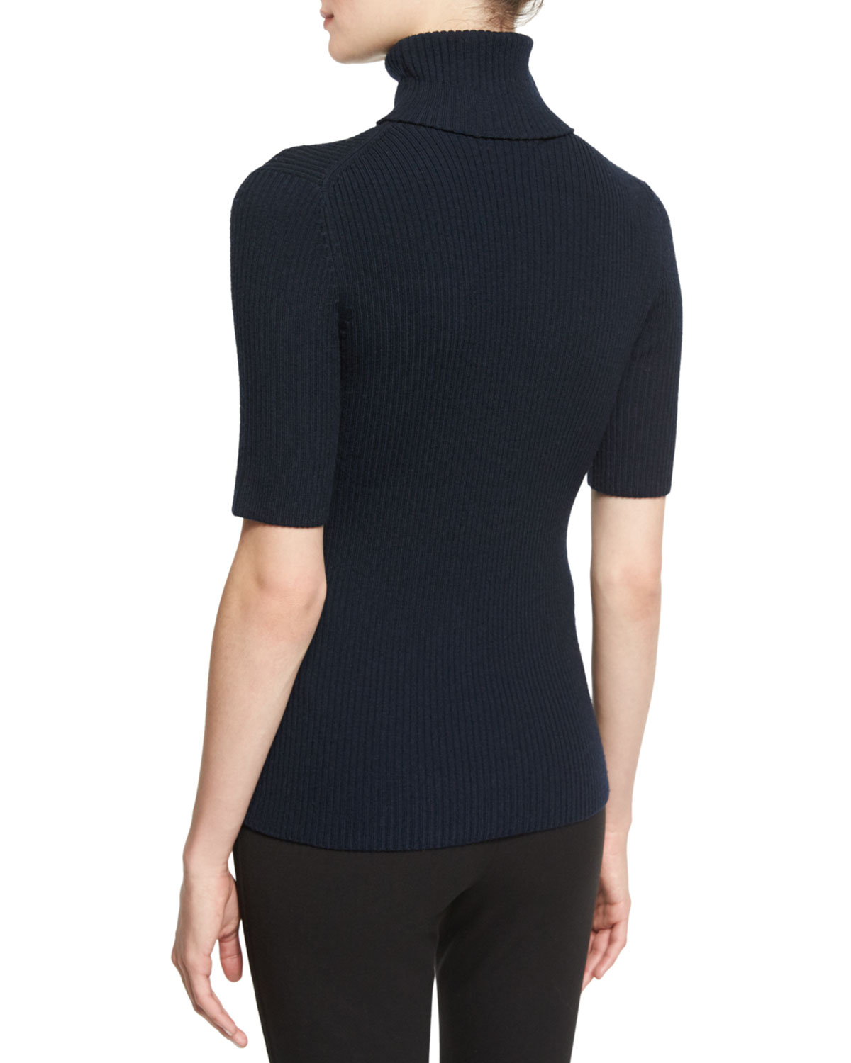 Ribbed Half-Sleeve Turtleneck Top, Sapphire