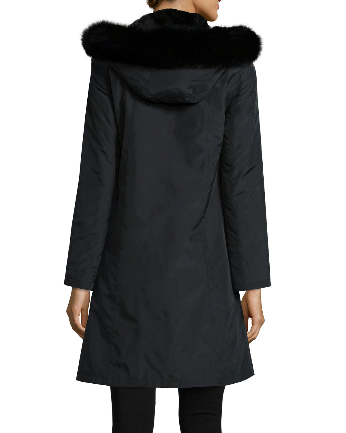 Hooded Reversible Fur-Trim Coat, Black 