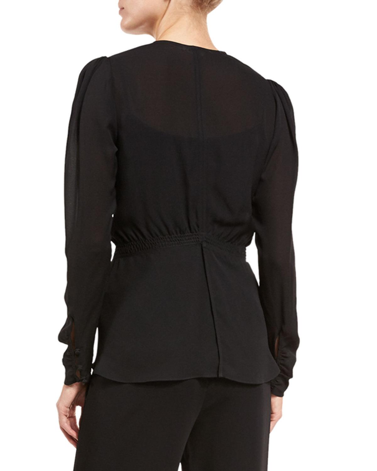 Loren Long-Sleeve Silk Chiffon Top, Black