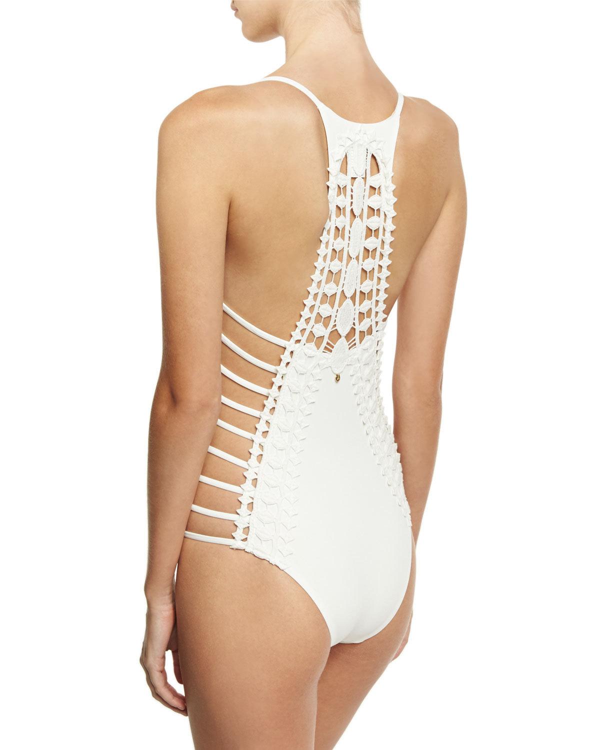 Free Spirit Lace-Back Strappy Maillot Swimsuit, White