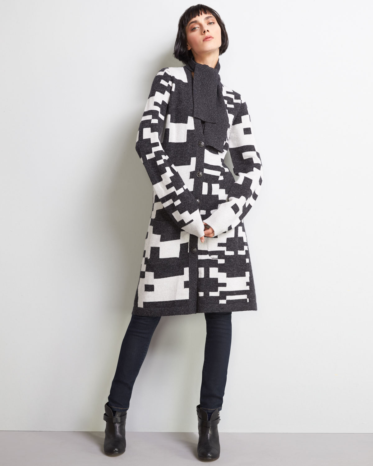 Cashmere Pixel-Print Long Cardigan, Charcoal/White