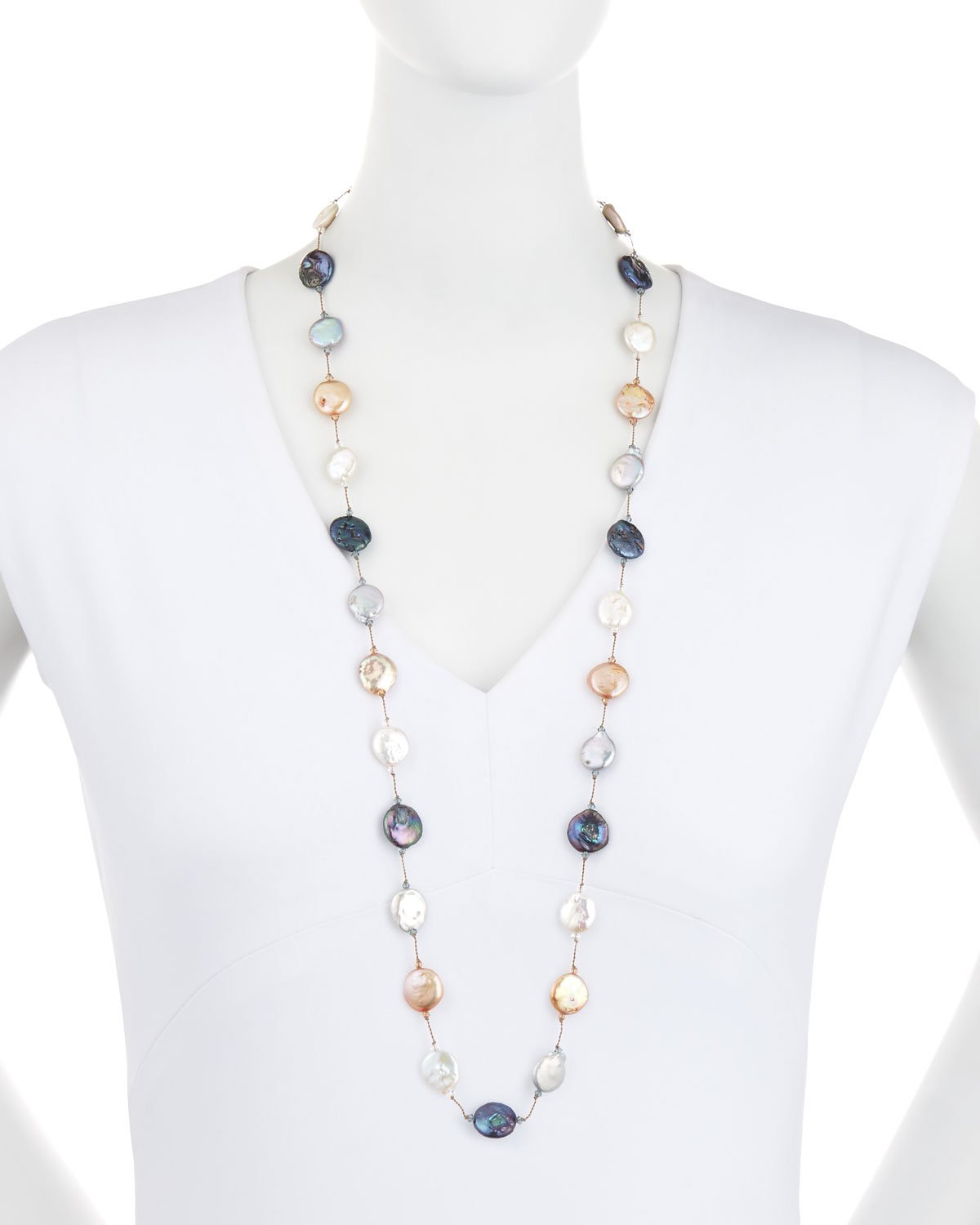 Multicolor Coin Pearl Necklace, 35"L