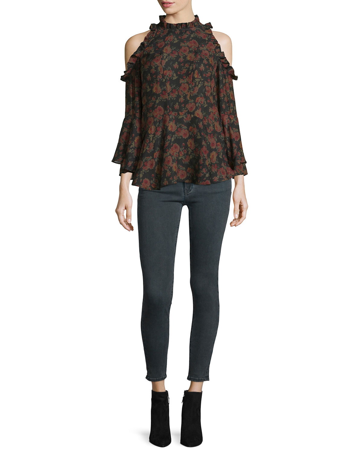 Eloane Floral Silk Cold-Shoulder Blouse, Black/Khaki