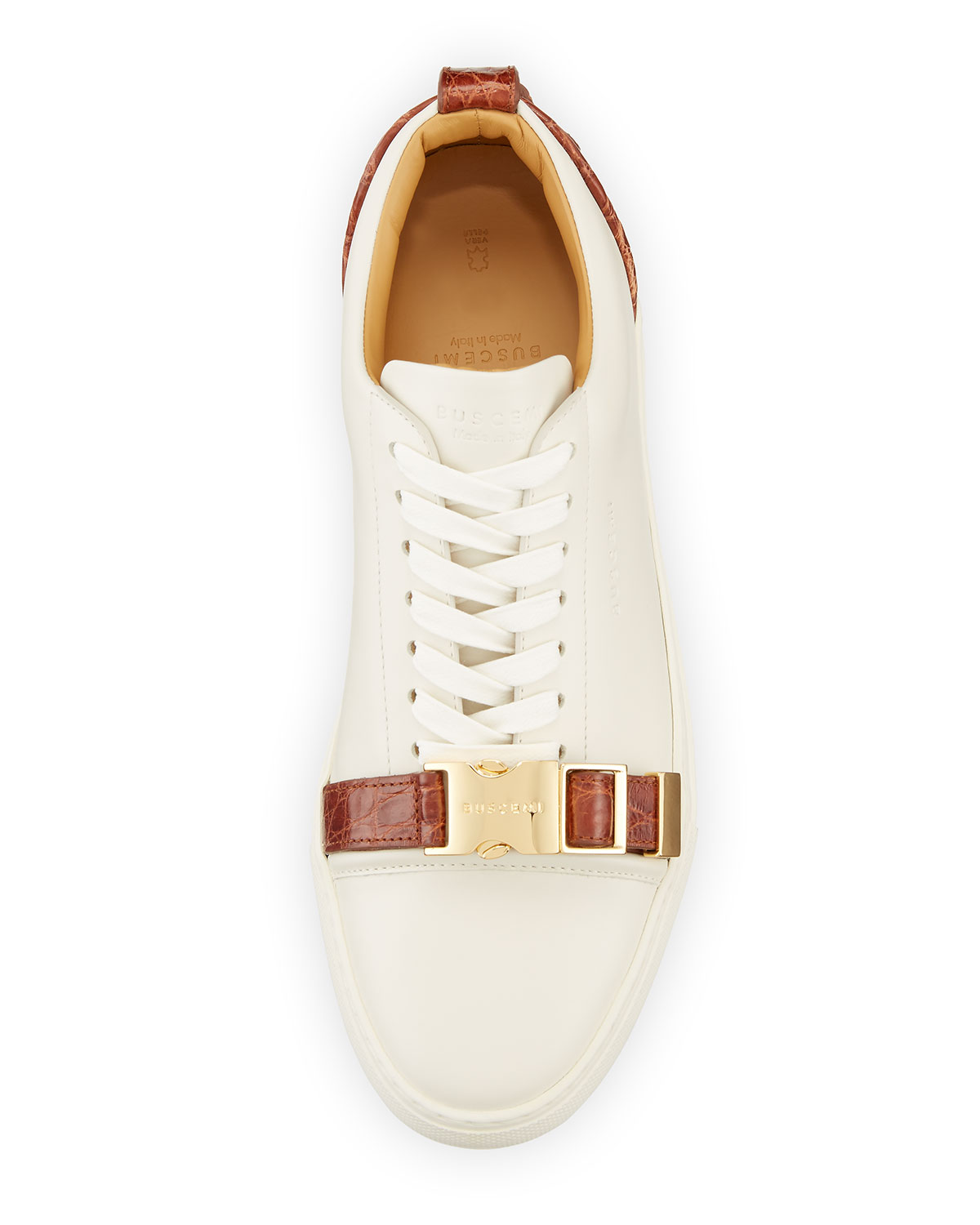 Men's 50mm Low-Top Sneaker with Croc-Embossed Leather Details, Off White Peanut