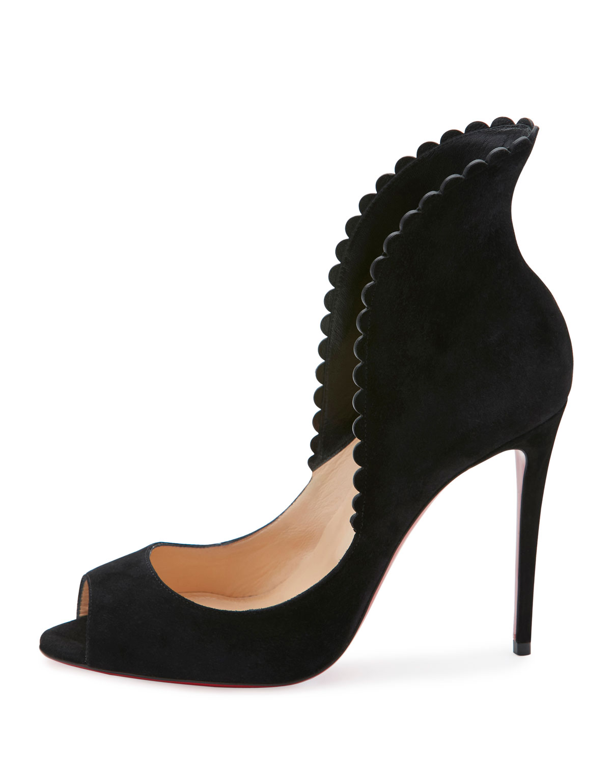 Pijonina Scalloped 100mm Red Sole Pump, Black