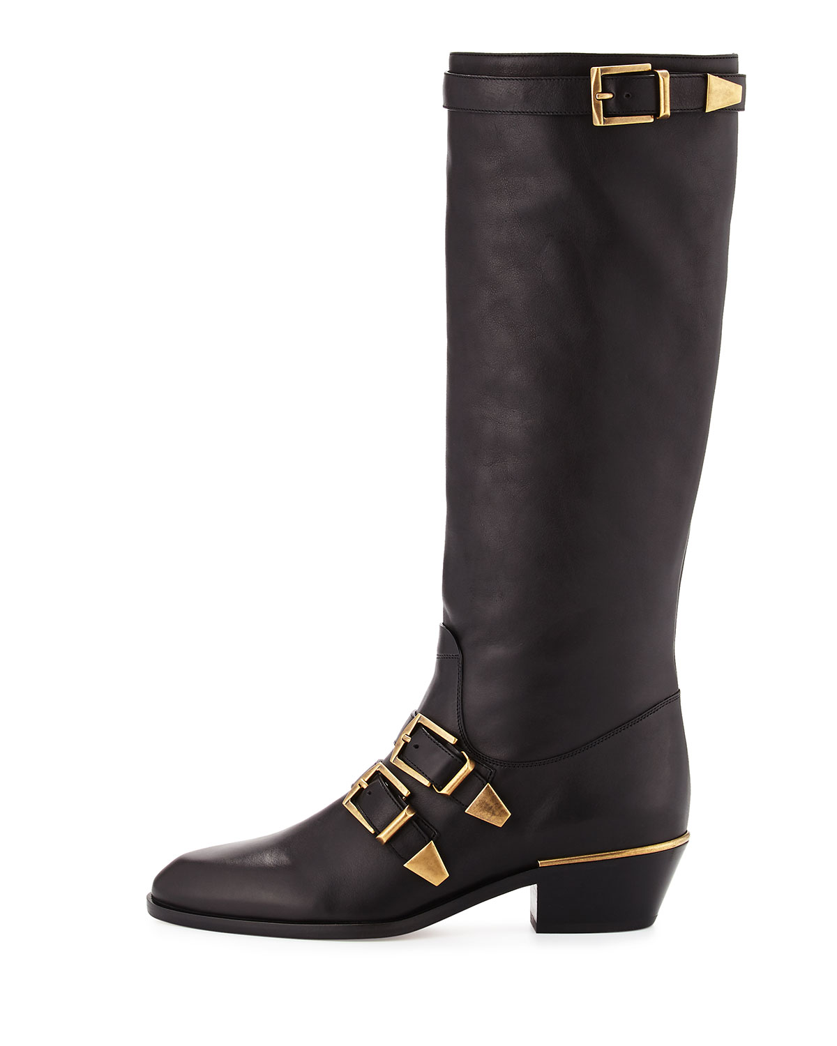 Leather Buckle Knee Boot, Black