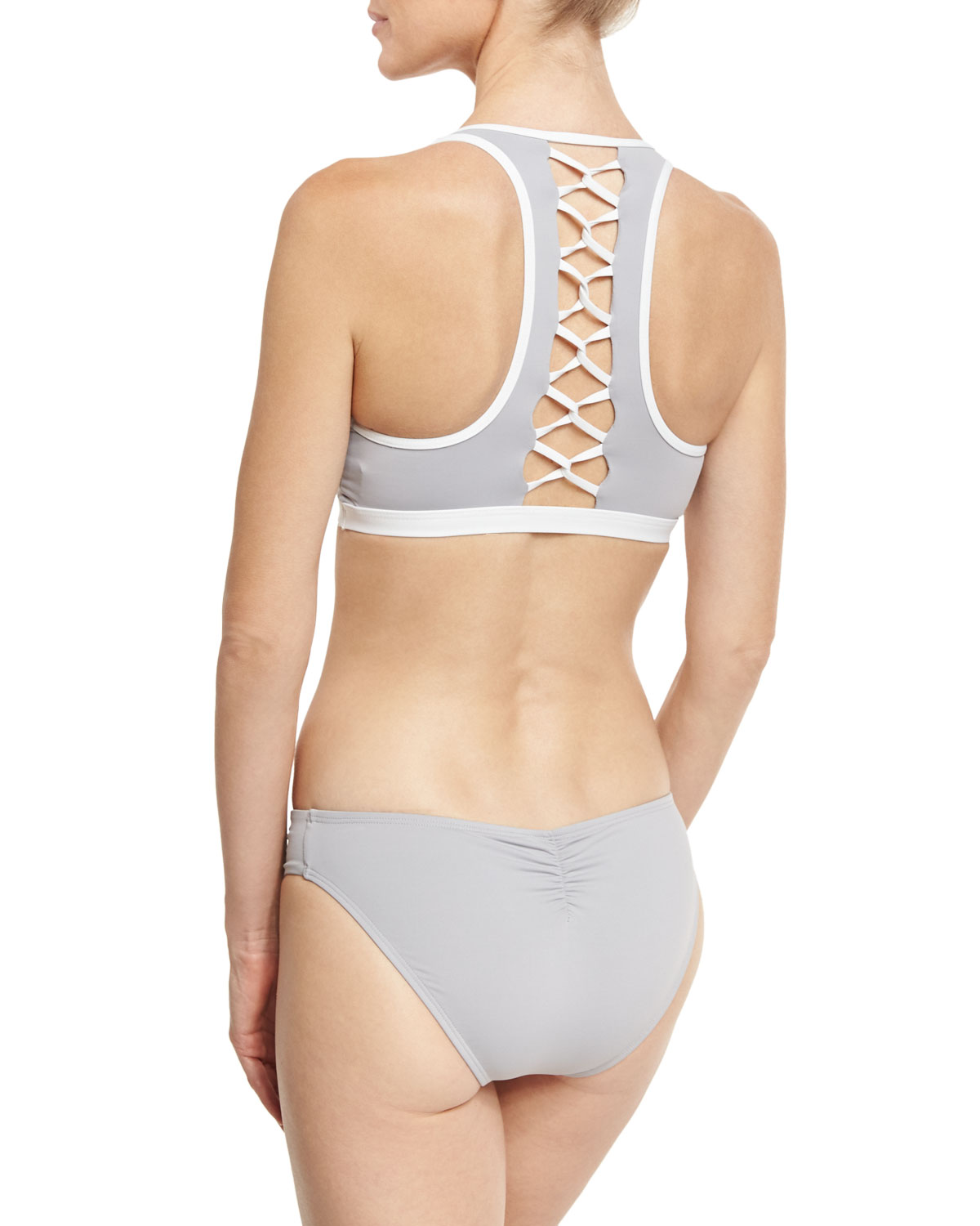 Skylar Crisscross Racerback Swim Top, Gray