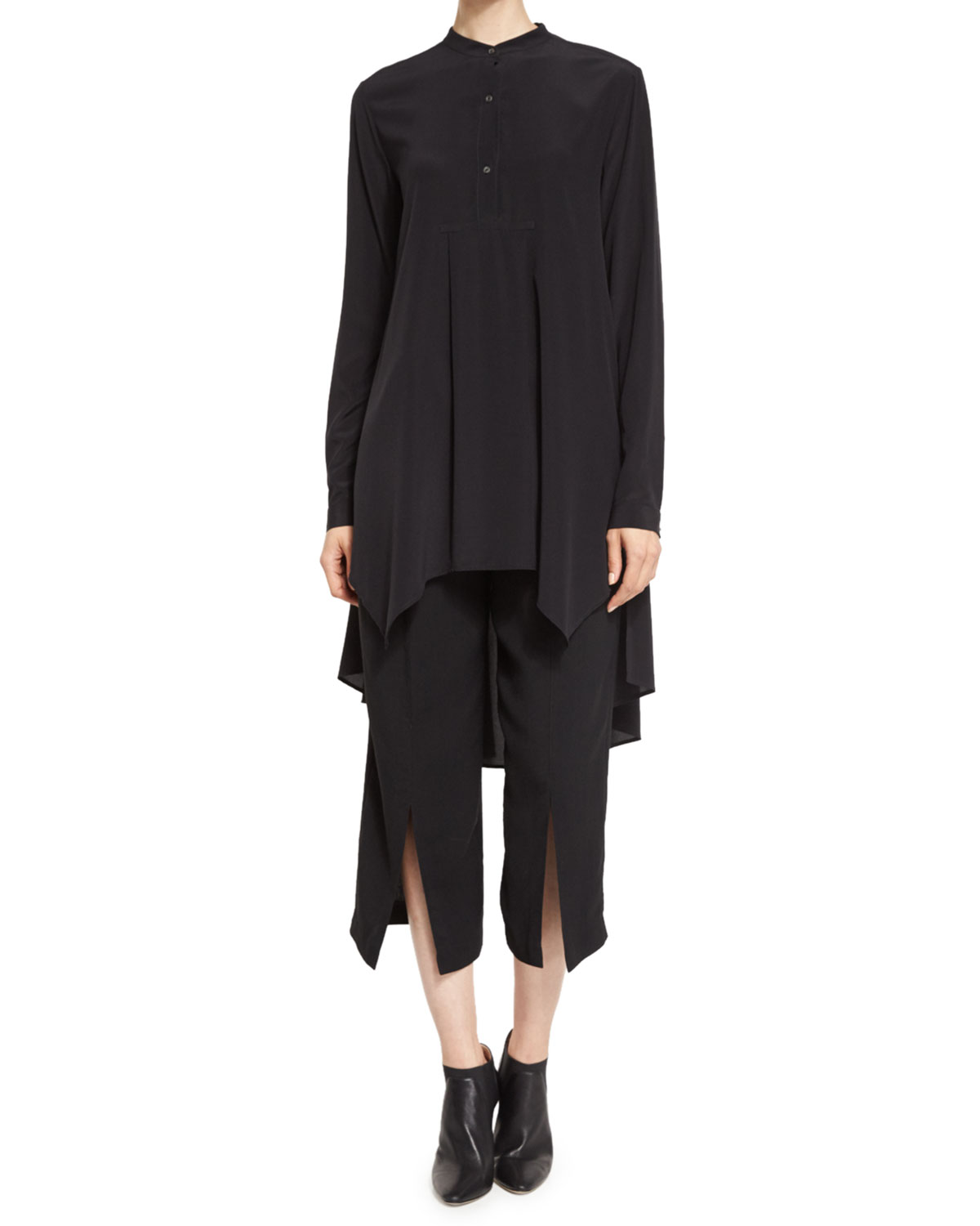 Long-Sleeve Button-Front Long Blouse, Black