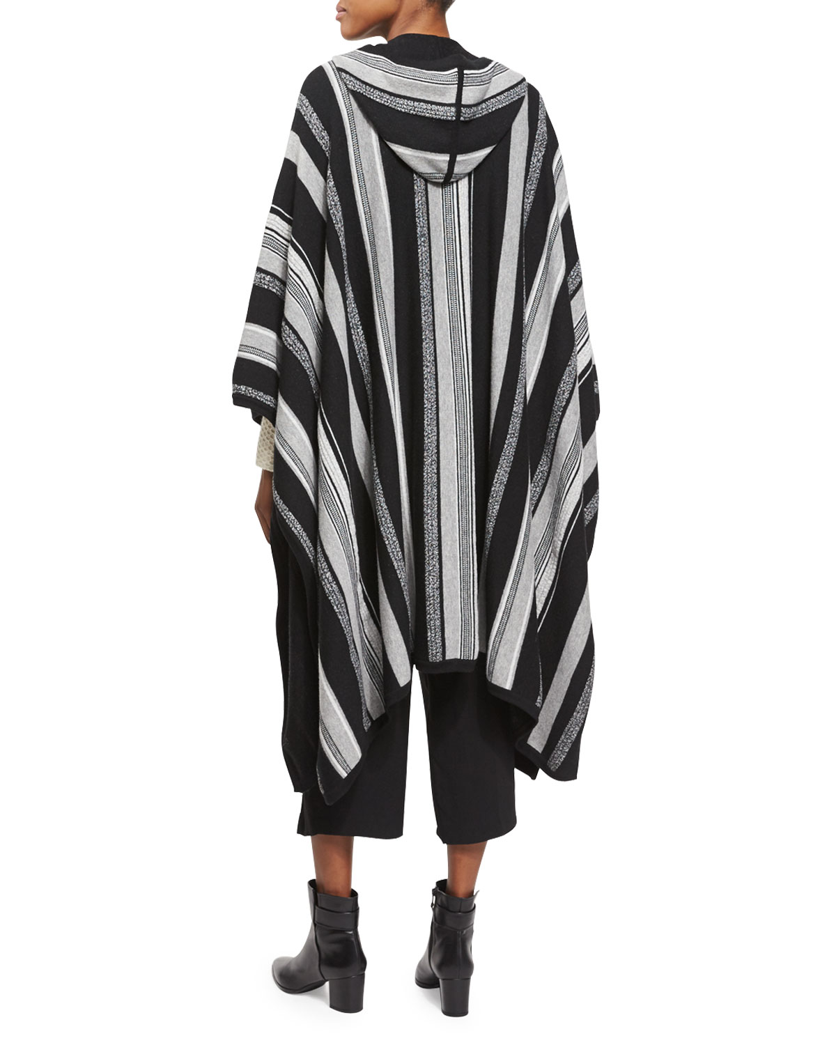 Long-Sleeve Hooded Poncho, Black Stripe