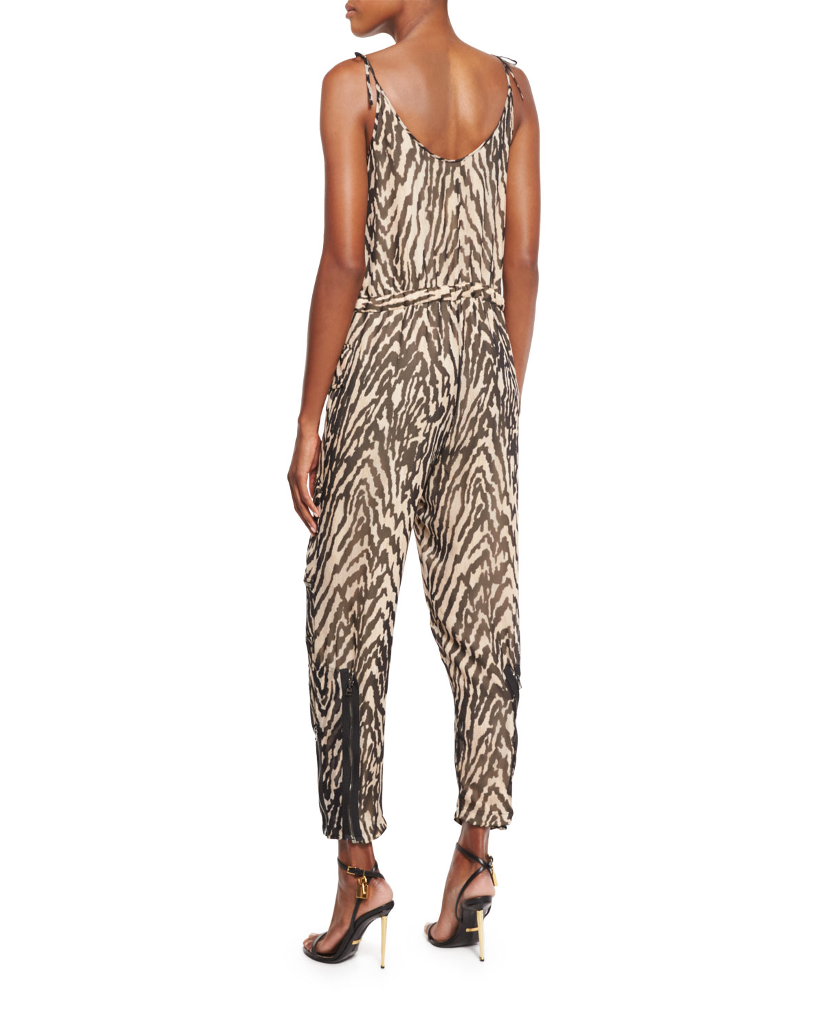 Animal-Print Cargo-Pocket Jumpsuit, Beige/Black