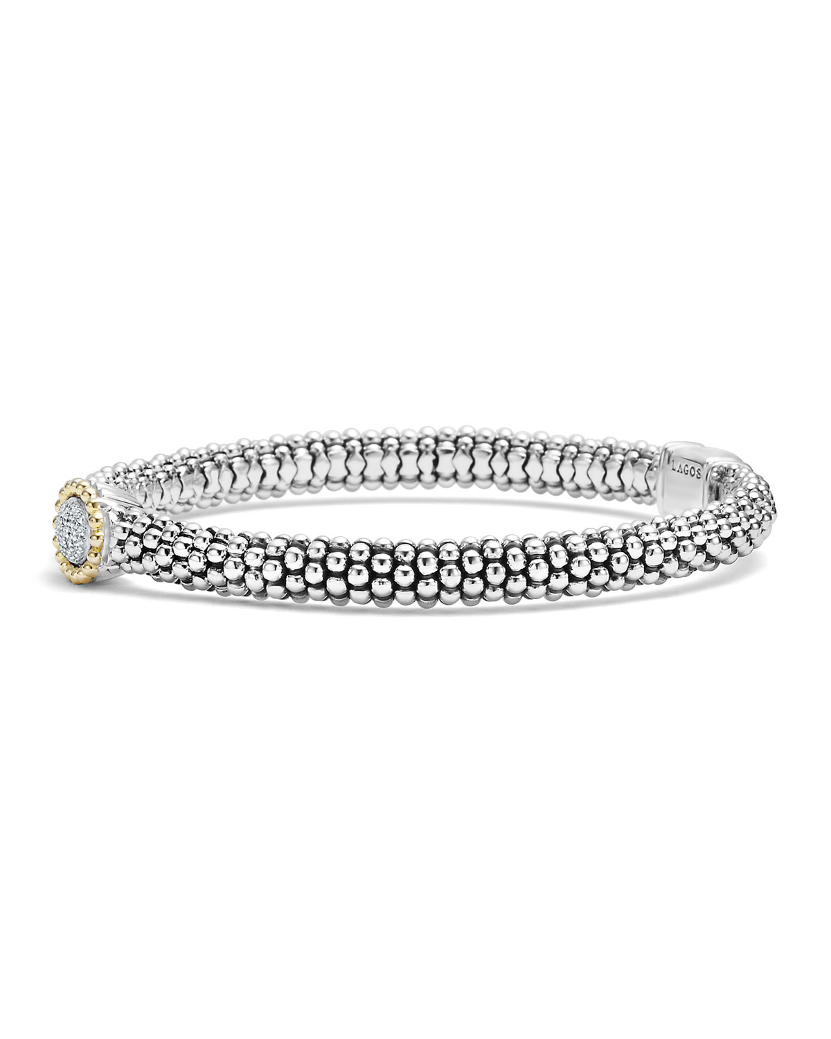 Sterling Silver Caviar & Pavé Diamond Oval Bracelet, 6mm